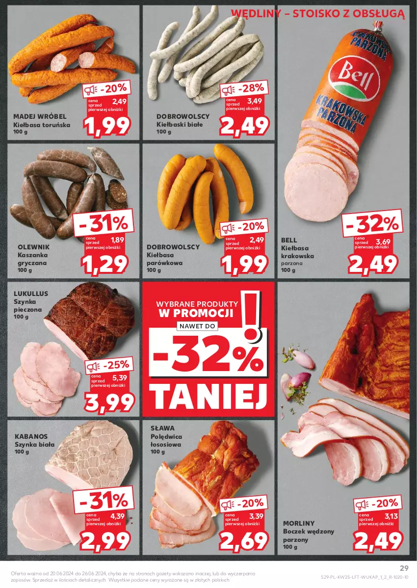 Gazetka promocyjna Kaufland - Gazetka tygodnia - ważna 20.06 do 26.06.2024 - strona 29 - produkty: Bell, Boczek, Gry, Kabanos, Kasza, Kaszanka, Kiełbasa, Kiełbasa krakowska, Kiełbaski białe, Madej Wróbel, Morliny, Olewnik, Piec, Polędwica, Sos, Szynka, Szynka biała