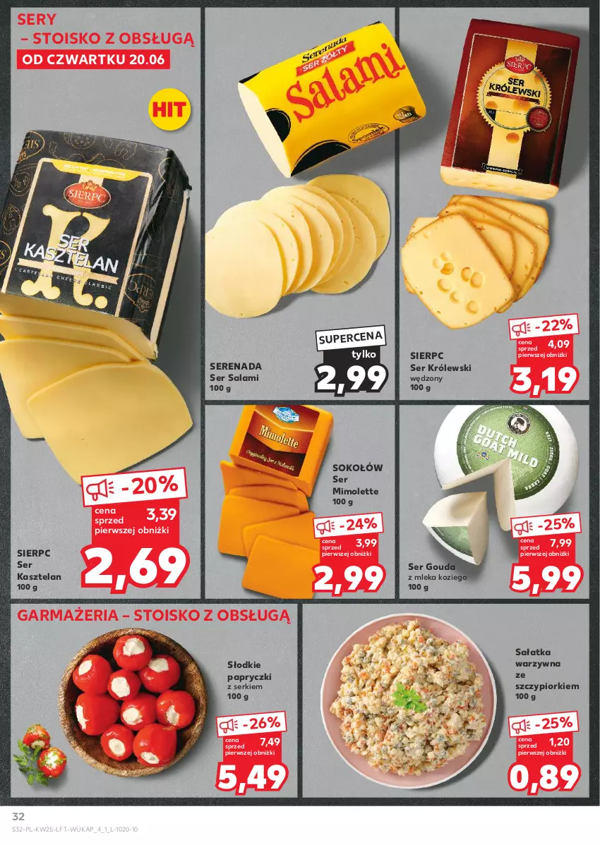 Gazetka promocyjna Kaufland - Gazetka tygodnia - ważna 20.06 do 26.06.2024 - strona 32 - produkty: Gouda, Kasztelan, Królewski, Mimolette, Salami, Sałat, Sałatka, Sałatka warzywna, Ser, Ser Kasztelan, Ser salami, Sok, Sokołów