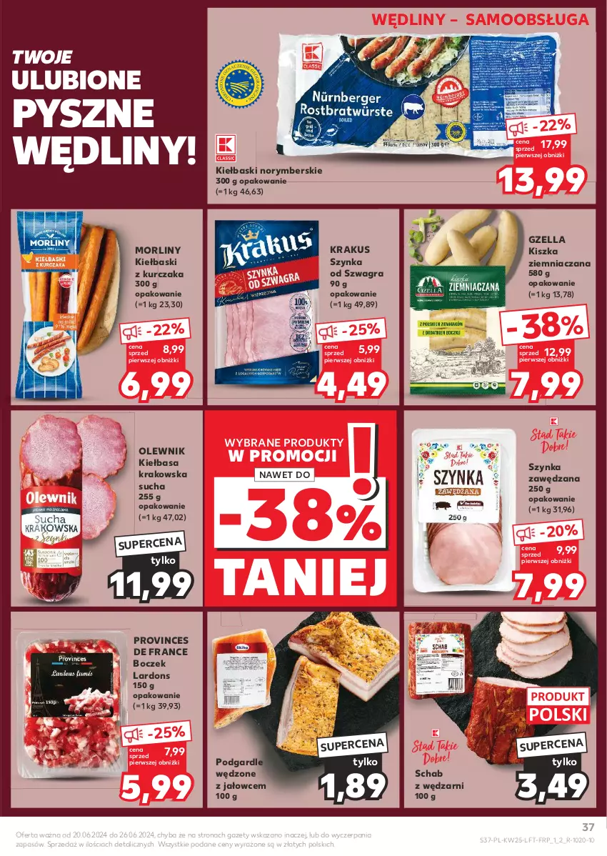 Gazetka promocyjna Kaufland - Gazetka tygodnia - ważna 20.06 do 26.06.2024 - strona 37 - produkty: Boczek, Gra, Kiełbasa, Kiełbasa krakowska, Krakus, Kurczak, Morliny, Olewnik, Szynka