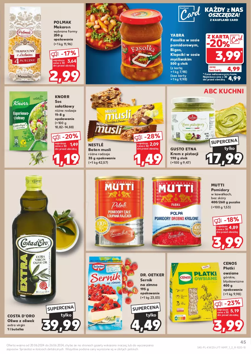 Gazetka promocyjna Kaufland - Gazetka tygodnia - ważna 20.06 do 26.06.2024 - strona 45 - produkty: Baton, Bigos, Cenos, Dr. Oetker, Fa, Gin, Kawa, Klopsiki, Knorr, Makaron, Mus, Nestlé, Oliwa z oliwek, Olma, Płatki owsiane, Pomidory, Pomidory w kawałkach, Sałat, Ser, Sos