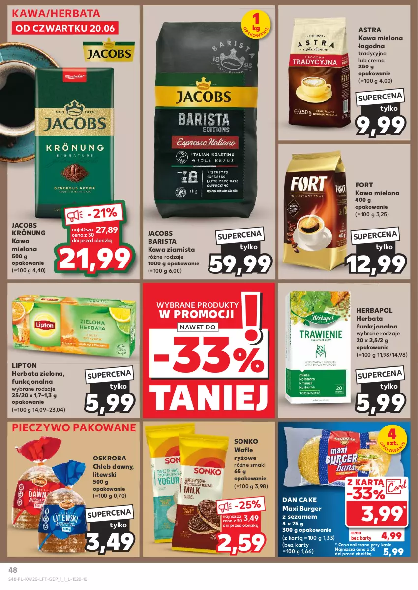 Gazetka promocyjna Kaufland - Gazetka tygodnia - ważna 20.06 do 26.06.2024 - strona 48 - produkty: Burger, Chleb, Dan Cake, Herbapol, Herbata, Jacobs, Jacobs Krönung, Kawa, Kawa mielona, Kawa ziarnista, Lipton, Piec, Pieczywo, Ryż, Sezam, Sonko, Wafle