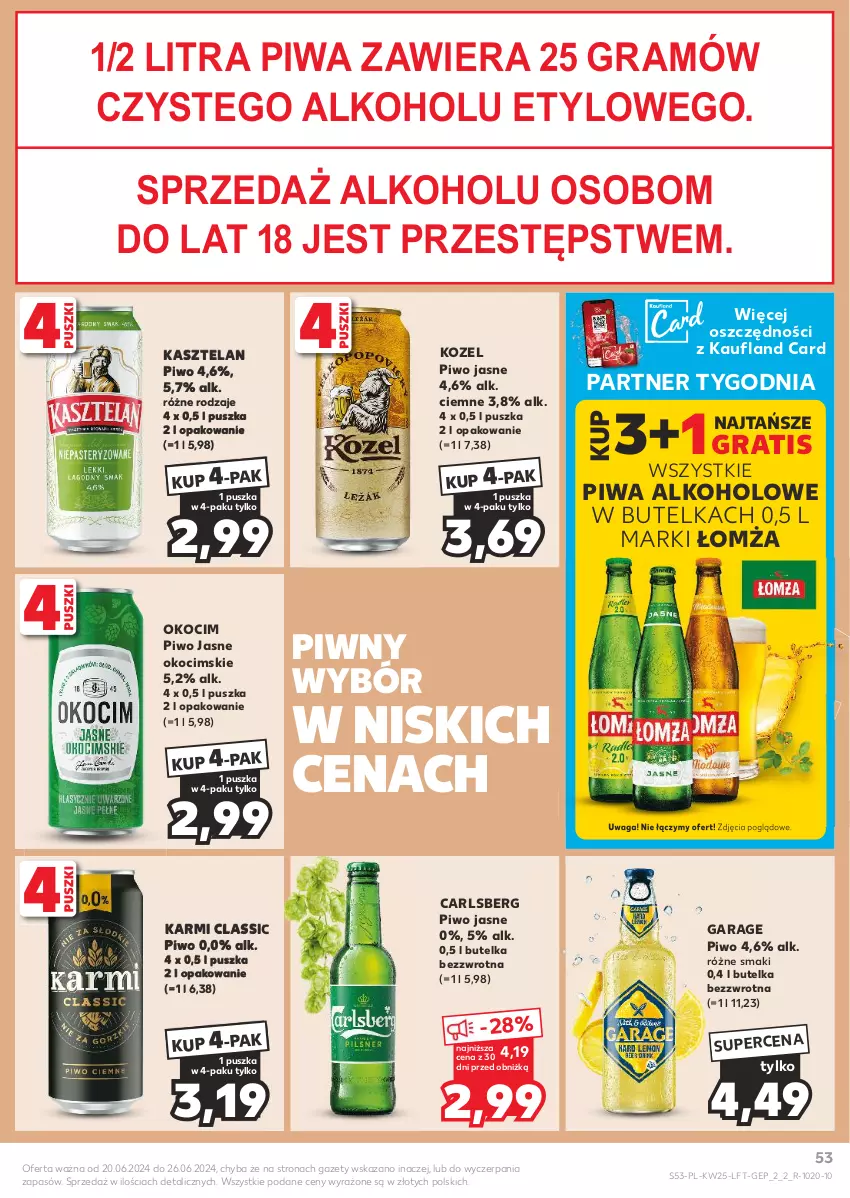 Gazetka promocyjna Kaufland - Gazetka tygodnia - ważna 20.06 do 26.06.2024 - strona 53 - produkty: Carlsberg, Gra, Karmi, Kasztelan, Koc, Kozel, Okocim, Piwa, Piwo, Piwo jasne, Waga