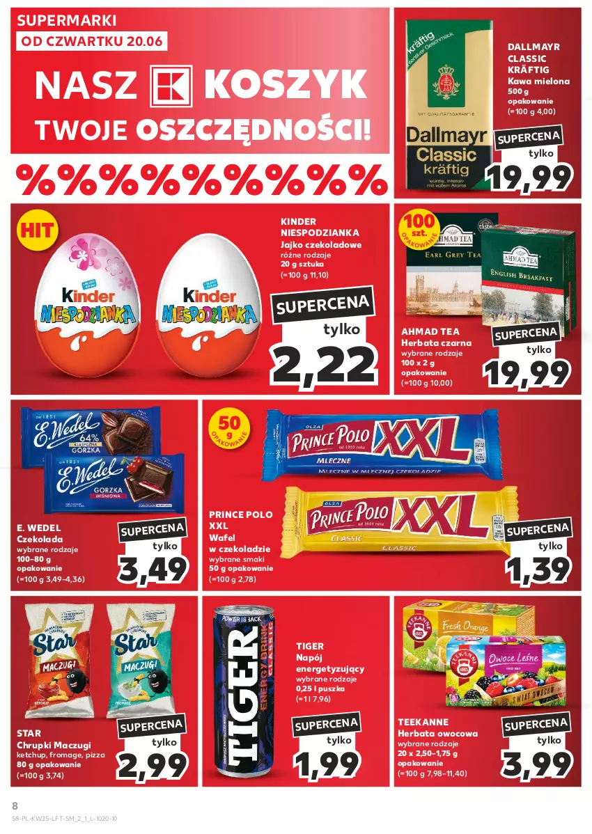 Gazetka promocyjna Kaufland - Gazetka tygodnia - ważna 20.06 do 26.06.2024 - strona 8 - produkty: Chrupki, Czekolada, Dallmayr, E. Wedel, Herbata, Herbata czarna, Herbata owocowa, Kawa, Kawa mielona, Ketchup, Kinder, Kosz, Napój, Pizza, Prince Polo, Teekanne, Tiger