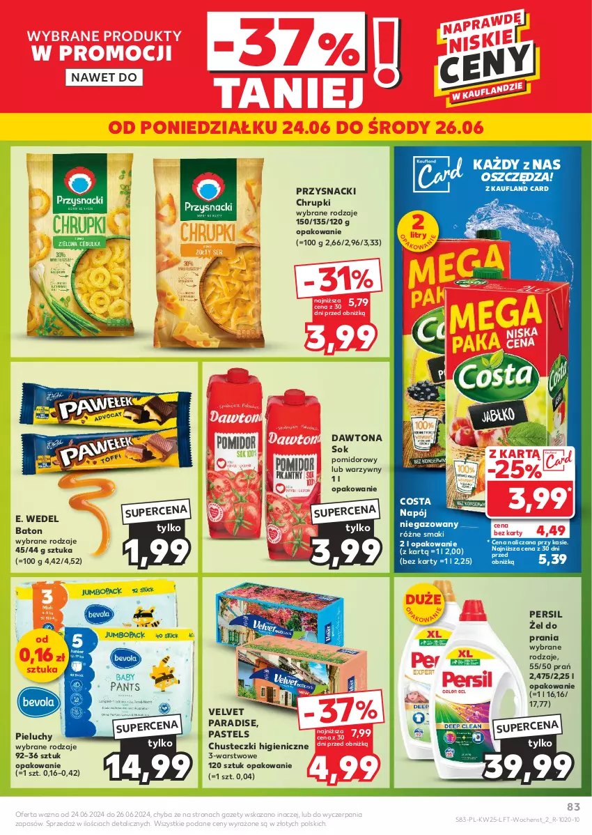 Gazetka promocyjna Kaufland - Gazetka tygodnia - ważna 20.06 do 26.06.2024 - strona 83 - produkty: Baton, Chrupki, Chusteczki, Dawtona, E. Wedel, Napój, Napój niegazowany, Persil, Pieluchy, Przysnacki, Sok, Velvet