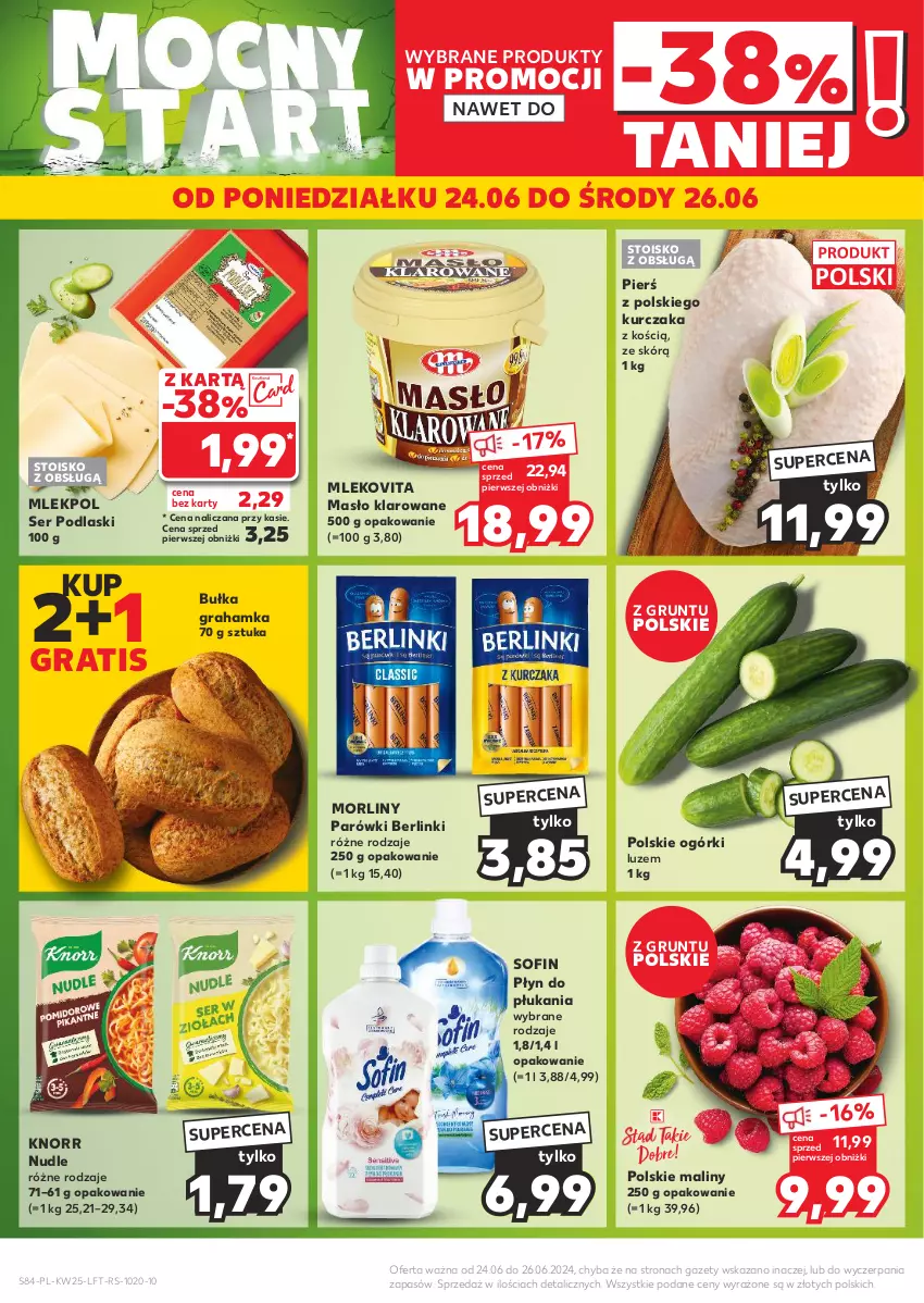 Gazetka promocyjna Kaufland - Gazetka tygodnia - ważna 20.06 do 26.06.2024 - strona 84 - produkty: Berlinki, Bułka, Bułka grahamka, Gra, Grunt, Knorr, Kurczak, Maliny, Masło, Masło klarowane, Mleko, Mlekovita, Morliny, Parówki, Płyn do płukania, Podlaski, Ser