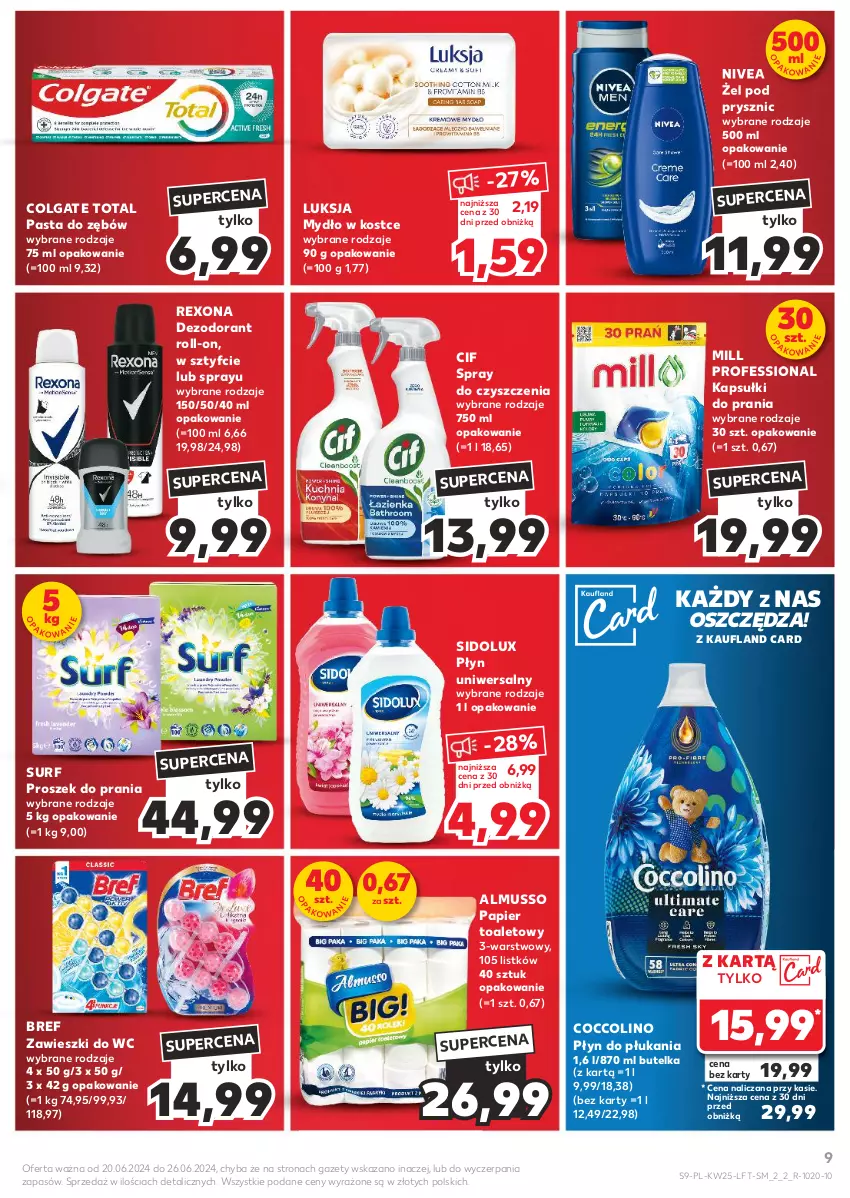 Gazetka promocyjna Kaufland - Gazetka tygodnia - ważna 20.06 do 26.06.2024 - strona 9 - produkty: Bref, Cif, Coccolino, Colgate, Colgate Total, Dezodorant, Kapsułki do prania, LG, Luksja, Mus, Mydło, Nivea, Papier, Papier toaletowy, Pasta do zębów, Płyn do płukania, Proszek do prania, Rexona, Sidolux, Spray do czyszczenia, Surf, Zawieszki