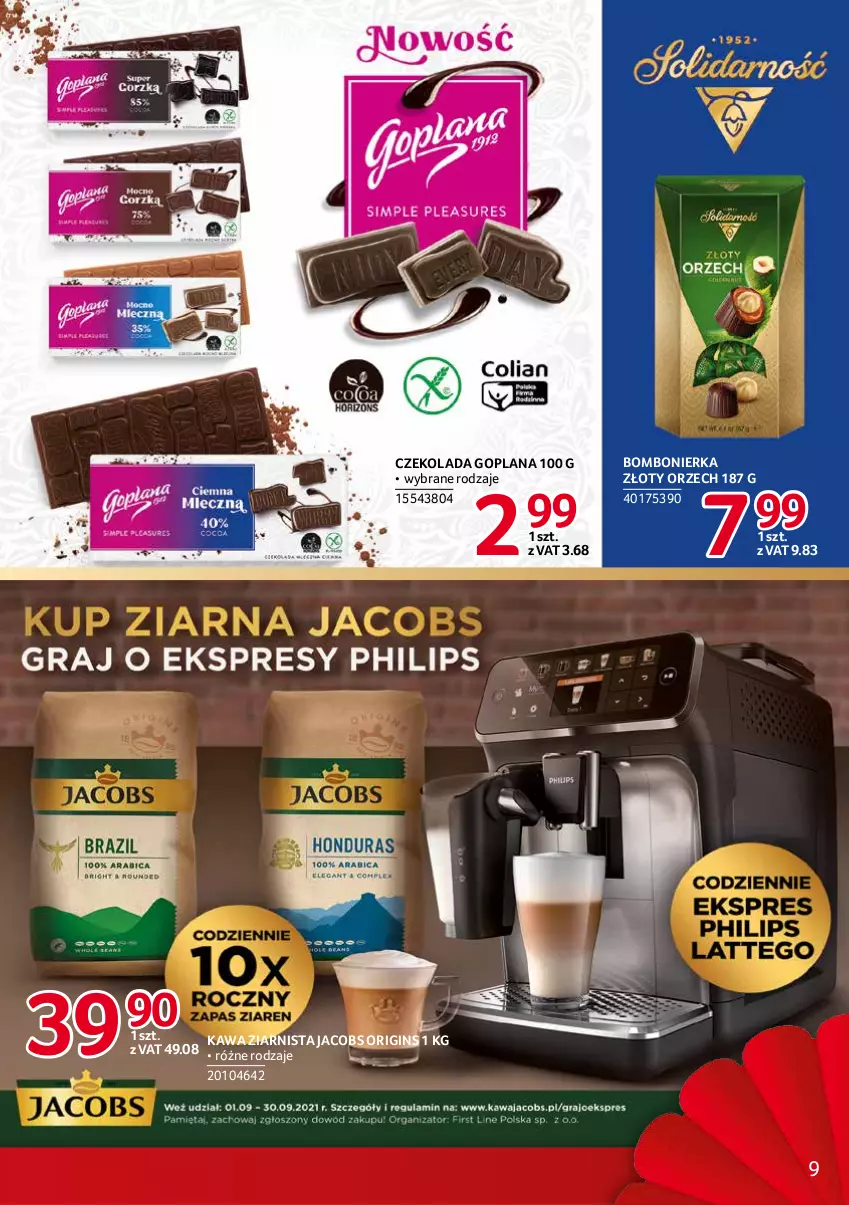 Gazetka promocyjna Selgros - Debiuty w Selgros - ważna 16.09 do 29.09.2021 - strona 9 - produkty: Czekolada, Gin, Goplana, Jacobs, Kawa, Kawa ziarnista, LANA