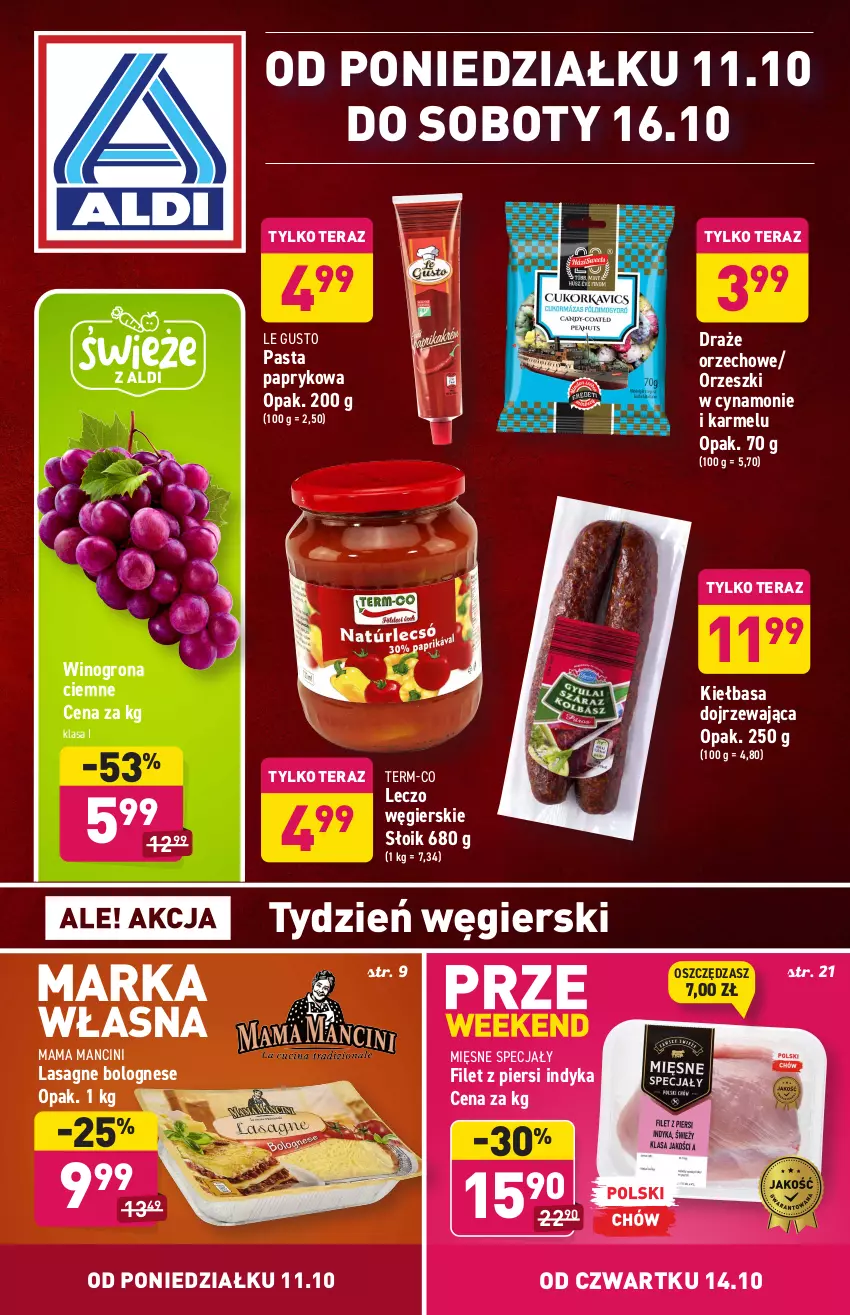 Gazetka promocyjna Aldi - Katalog spożywczy - ważna 11.10 do 16.10.2021 - strona 1 - produkty: Filet z piersi indyka, Kiełbasa, Lasagne, Lasagne bolognese, Mięsne specjały, Orzeszki, Tera, Wino, Winogrona