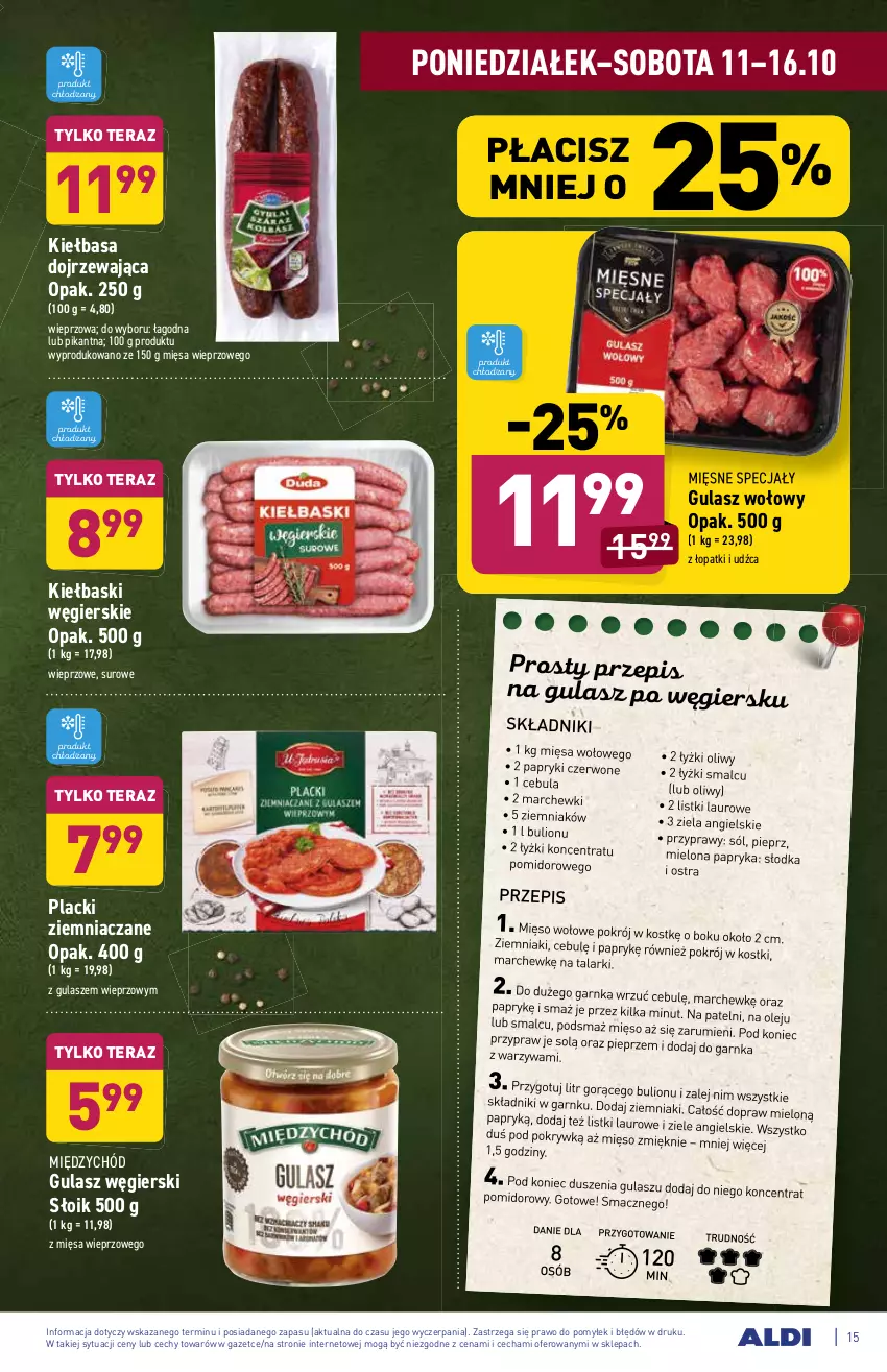 Gazetka promocyjna Aldi - Katalog spożywczy - ważna 11.10 do 16.10.2021 - strona 15 - produkty: Bulion, Cebula, Gulasz wołowy, Kiełbasa, Koncentrat pomidorowy, Lack, Laur, Lion, Mięsne specjały, Mięso, Mięso wołowe, Olej, Papryka, Pieprz, Przyprawy, Rum, Sól, Tera, Warzywa, Ziele angielskie, Ziemniaki