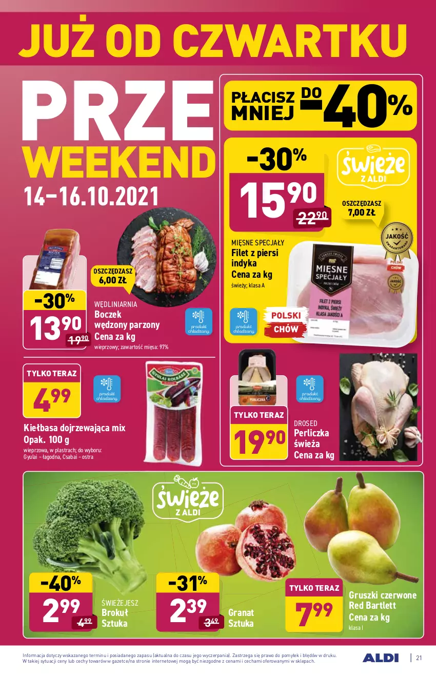 Gazetka promocyjna Aldi - Katalog spożywczy - ważna 11.10 do 16.10.2021 - strona 21 - produkty: Boczek, Filet z piersi indyka, Gra, Granat, Gruszki, Kiełbasa, Mięsne specjały, Perliczka, Tera