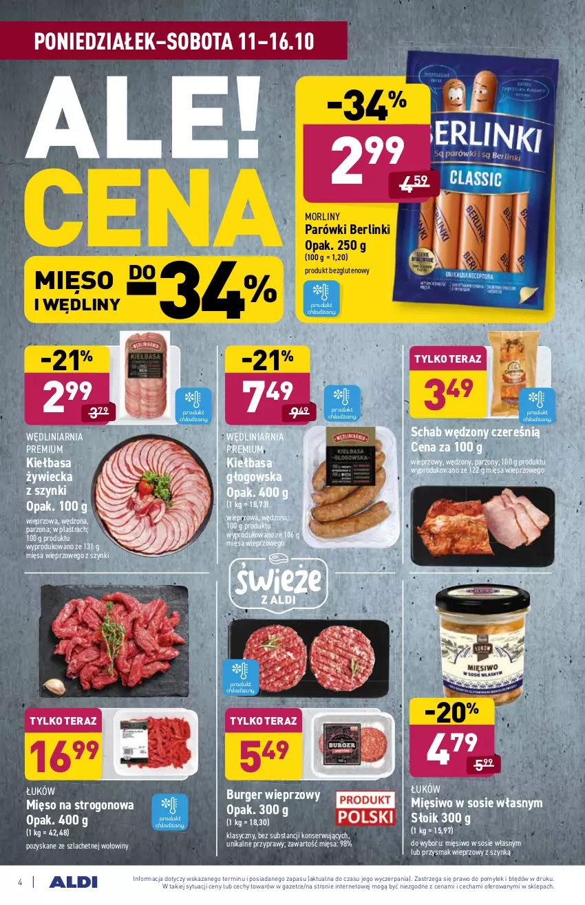 Gazetka promocyjna Aldi - Katalog spożywczy - ważna 11.10 do 16.10.2021 - strona 4 - produkty: Berlinki, Burger, Kiełbasa, Kiełbasa głogowska, Mięso, Morliny, Parówki, Przyprawy, Ser, Sos, Tera