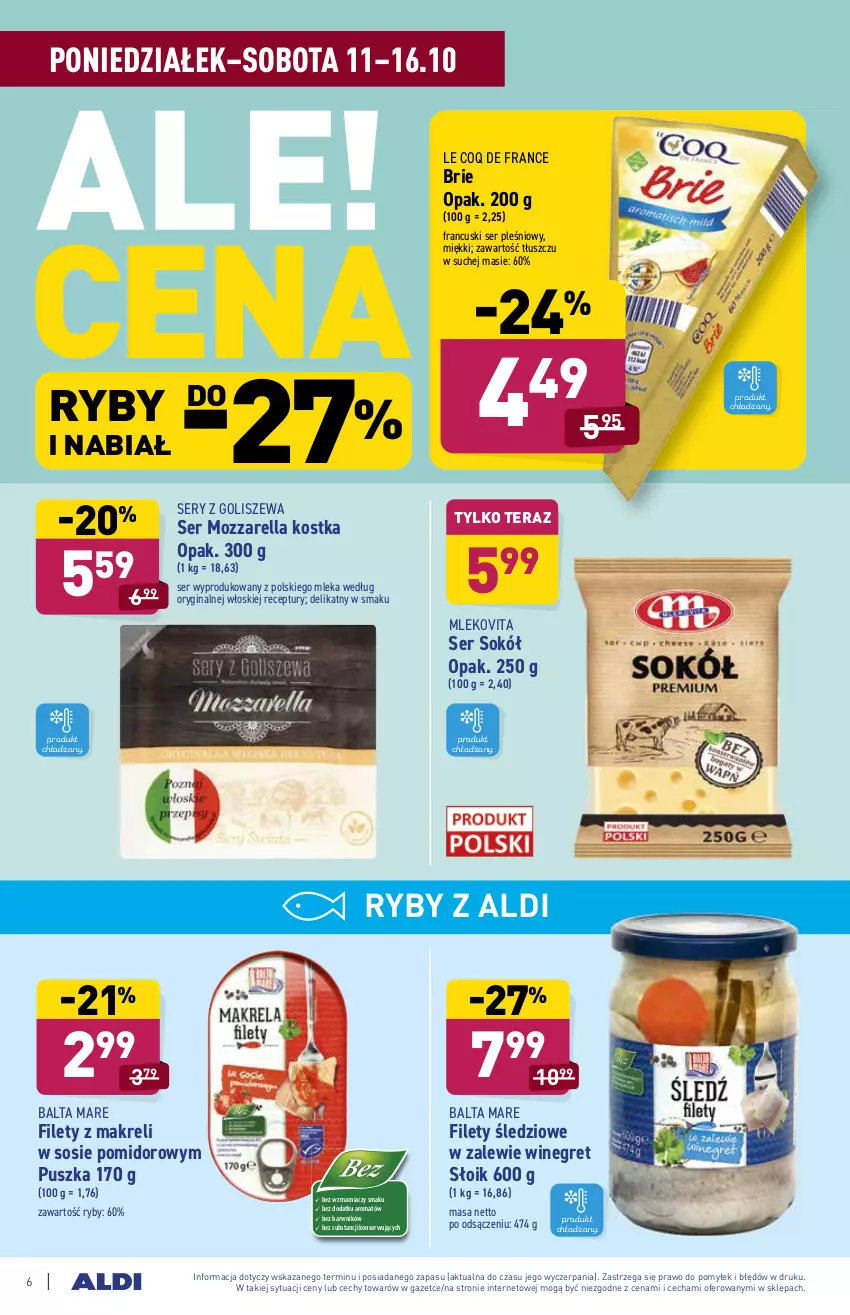 Gazetka promocyjna Aldi - Katalog spożywczy - ważna 11.10 do 16.10.2021 - strona 6 - produkty: Balta Mare, Brie, Gin, Mleko, Mlekovita, Mozzarella, Ser, Ser pleśniowy, Sok, Sokół, Sos, Tera