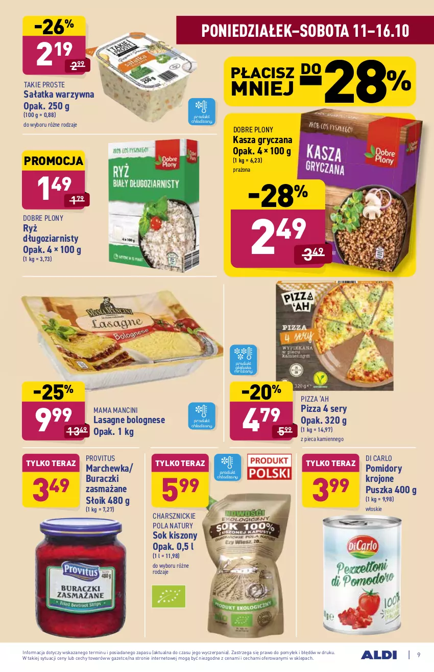 Gazetka promocyjna Aldi - Katalog spożywczy - ważna 11.10 do 16.10.2021 - strona 9 - produkty: Buraczki, Gry, Kasza, Kasza gryczana, Lasagne, Lasagne bolognese, Marchewka, Piec, Pizza, Pomidory, Pomidory krojone, Ryż, Sałat, Sałatka, Sałatka warzywna, Ser, Sok, Tera