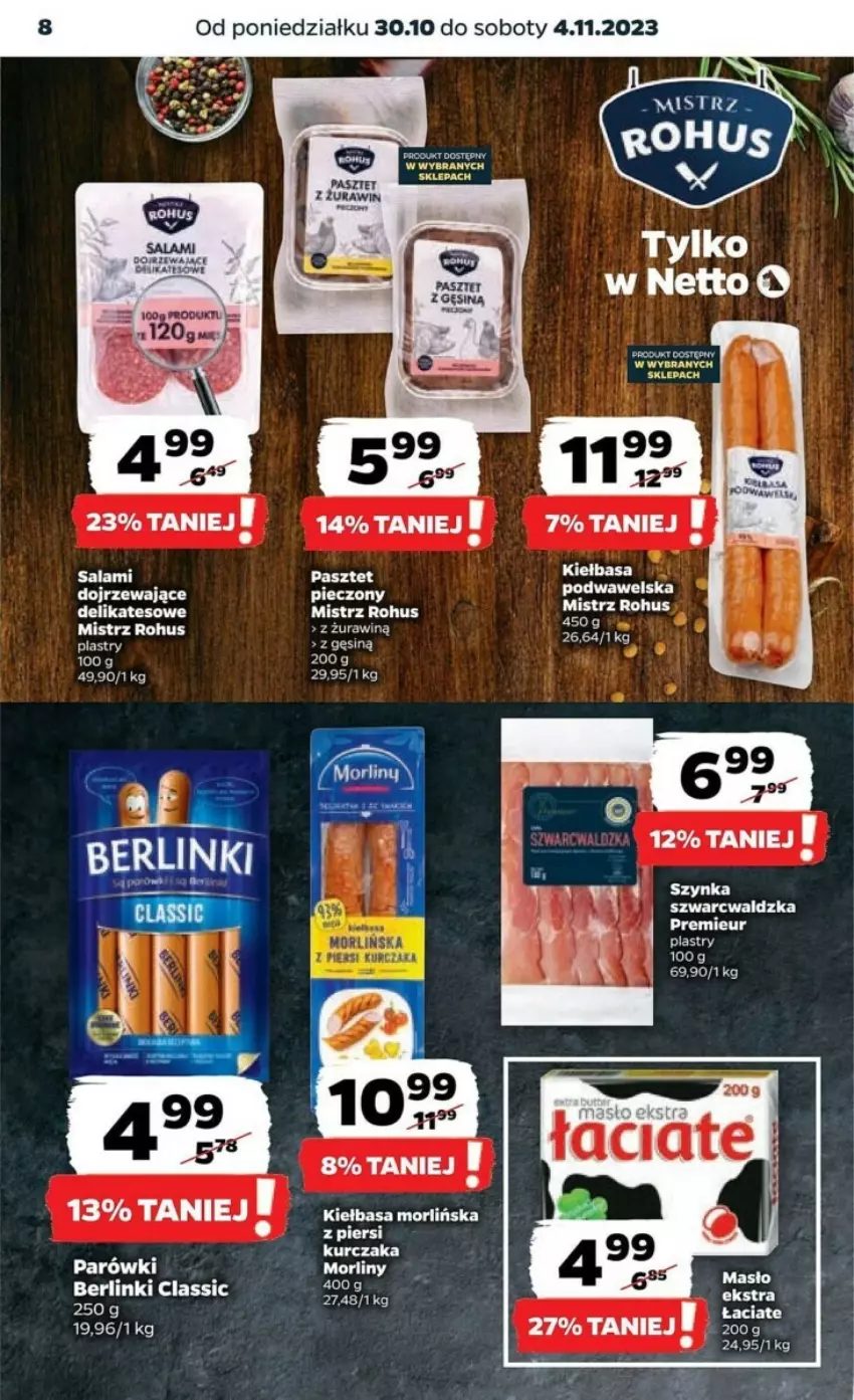 Gazetka promocyjna Netto - ważna 30.10 do 04.11.2023 - strona 26 - produkty: Berlinki, Kiełbasa, Kurczak, Masło, Parówki, Piec, Salami, Szynka, Wawel