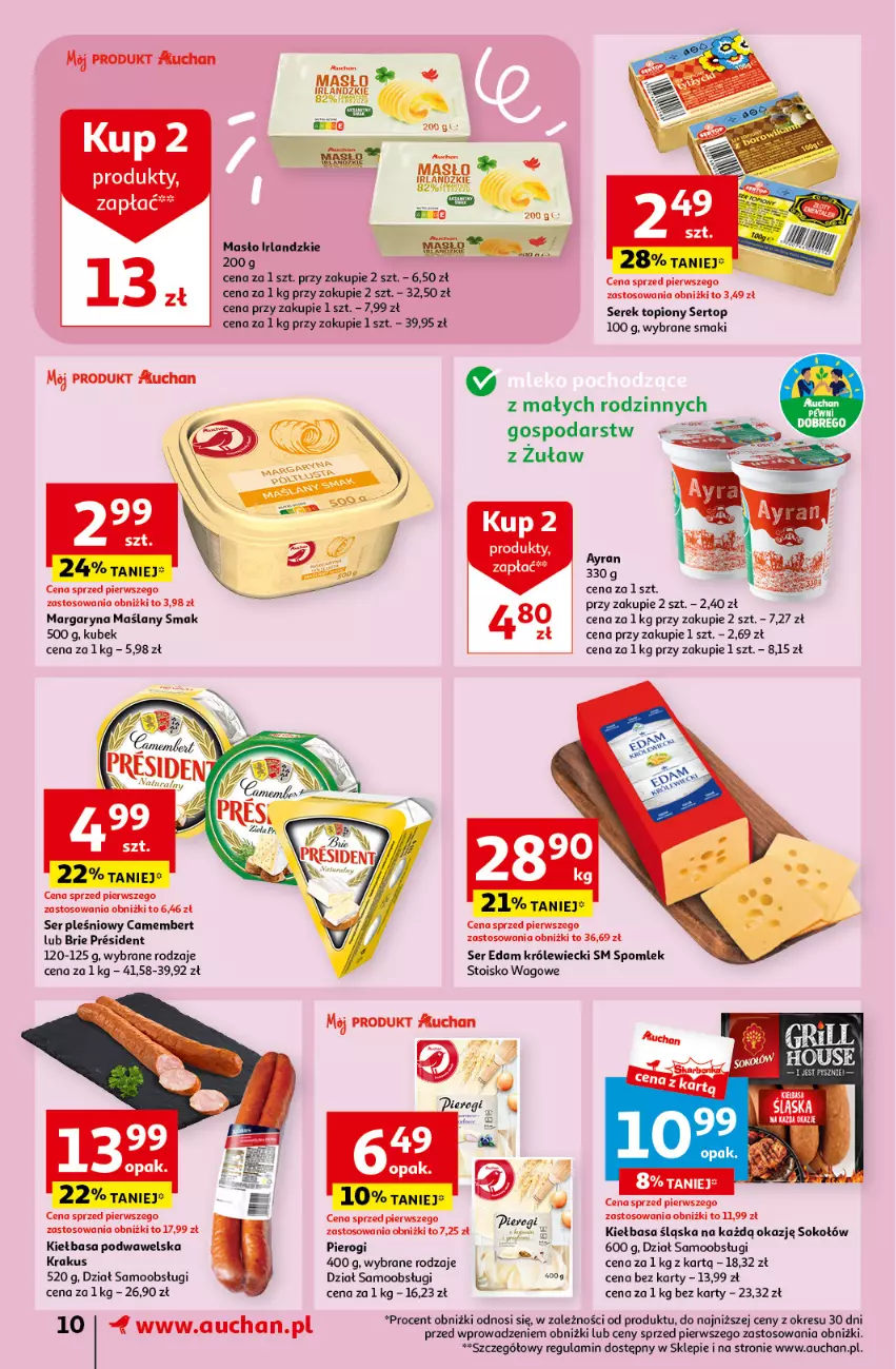 Gazetka promocyjna Auchan - Gazetka Oferty tygodnia Supermarket Auchan - ważna 23.05 do 29.05.2024 - strona 10 - produkty: Brie, Camembert, Edam, Kiełbasa, Kiełbasa podwawelska, Kiełbasa śląska, Krakus, Kubek, Margaryna, Masło, Pierogi, Ser, Ser pleśniowy, Serek, Sok, Sokołów, Top, Wawel