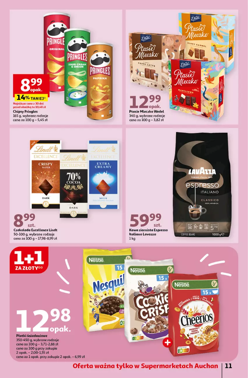 Gazetka promocyjna Auchan - Gazetka Oferty tygodnia Supermarket Auchan - ważna 23.05 do 29.05.2024 - strona 11 - produkty: Chipsy, Czekolada, Danio, Kawa, Kawa ziarnista, Lavazza, Lindt, Mleczko, Pringles, Ptasie mleczko