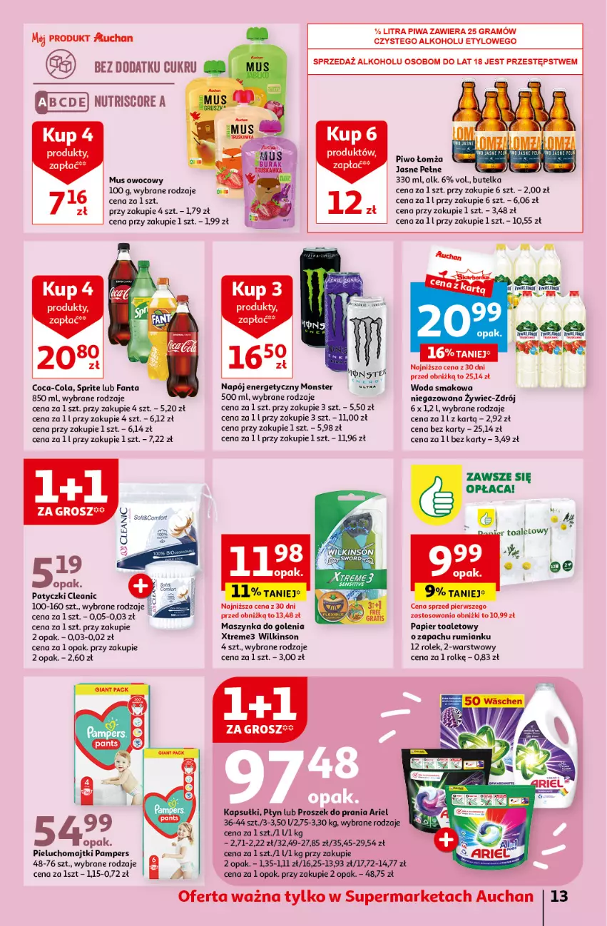 Gazetka promocyjna Auchan - Gazetka Oferty tygodnia Supermarket Auchan - ważna 23.05 do 29.05.2024 - strona 13 - produkty: Ariel, Cleanic, Coca-Cola, Fa, Fanta, Gra, Majtki, Maszynka, Maszynka do golenia, Mus, Napój, Napój energetyczny, Pampers, Papier, Papier toaletowy, Pieluchomajtki, Piwa, Piwo, Proszek do prania, Rum, Sprite, Szynka, Woda