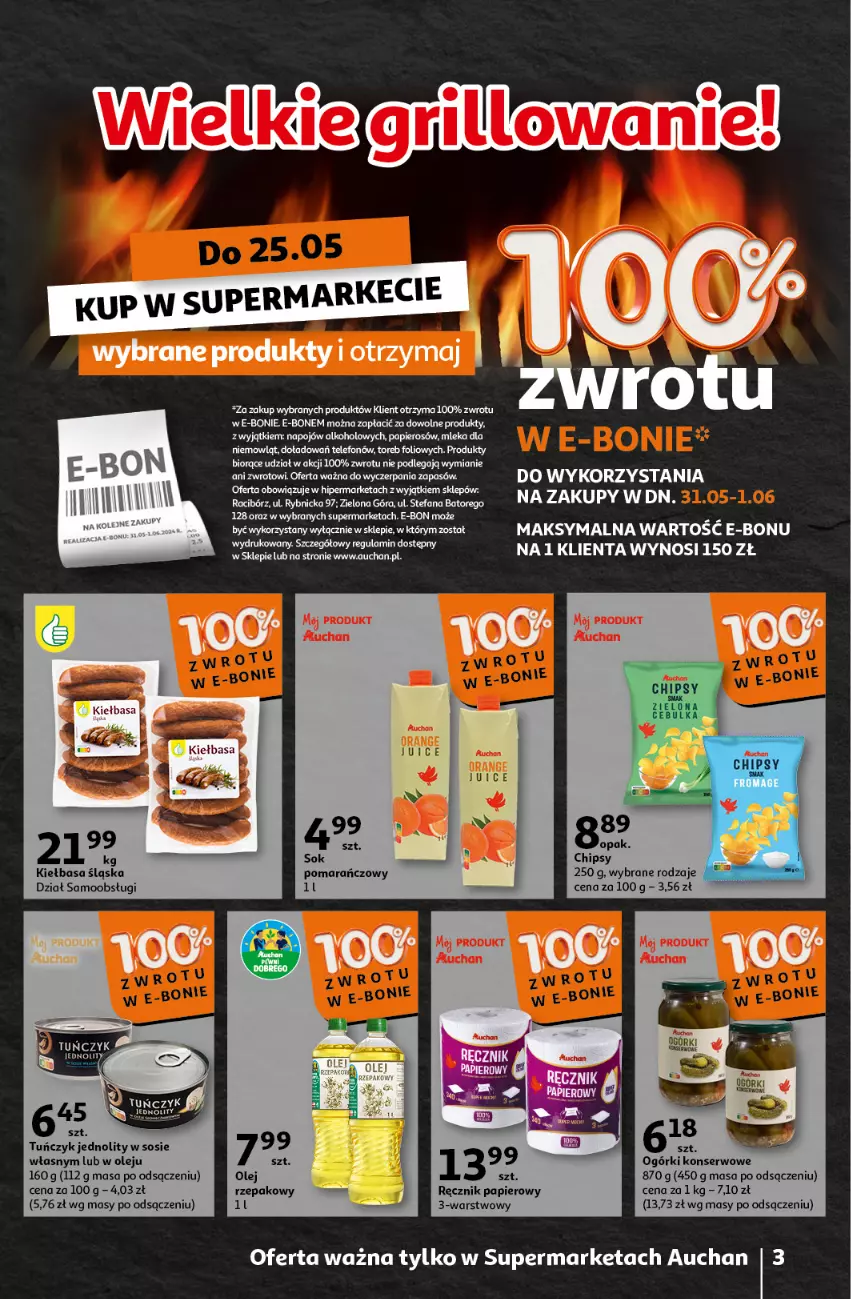 Gazetka promocyjna Auchan - Gazetka Oferty tygodnia Supermarket Auchan - ważna 23.05 do 29.05.2024 - strona 3 - produkty: Chipsy, Kiełbasa, Kiełbasa śląska, Ogórki konserwowe, Olej, Papier, Ręcznik, Ser, Sok, Sok pomarańczowy, Sos, Telefon, Tuńczyk