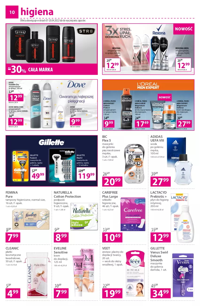 Gazetka promocyjna Hebe - Gazetka - ważna 07.04 do 20.04.2022 - strona 10 - produkty: Adidas, Antyperspirant, BIC, Carefree, Cleanic, Eveline, Fa, Fusion, Gillette, Gillette Venus, Krem do depilacji, Krem nawilżający, L’Oréal, Lactacyd, Mach3, Maszynka, Maszynka do golenia, Naturell, Naturella, Plastry do depilacji, Płatki kosmetyczne, Płyn do higieny intymnej, Podpaski, Pur, Str8, Szynka, Tampony, Veet, Venus, Wkładki, Woda, Woda po goleniu