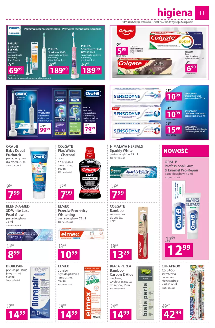 Gazetka promocyjna Hebe - Gazetka - ważna 07.04 do 20.04.2022 - strona 11 - produkty: Biorepair, Blend-a-Med, Colgate, Curaprox, Dzieci, Elmex, Himalaya, Końcówki do szczoteczk, Kubuś, LG, Pasta do zębów, Perła, Philips, Płyn do płukania, Płyn do płukania jamy ustnej, Szczoteczka, Szczoteczka do zębów, Szczoteczka soniczna