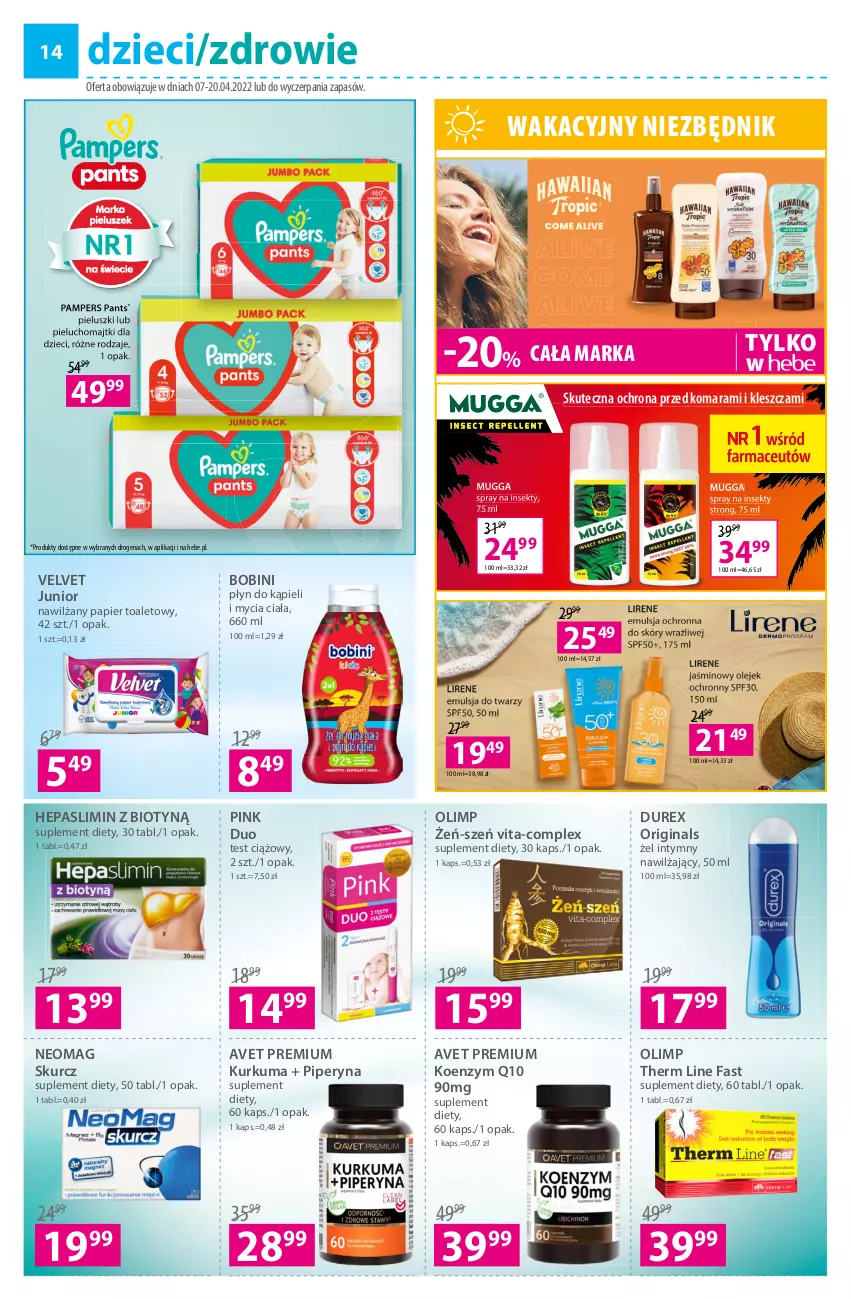 Gazetka promocyjna Hebe - Gazetka - ważna 07.04 do 20.04.2022 - strona 14 - produkty: Durex, Dzieci, Fa, Gin, Koenzym Q10, Kurkuma, Nawilżany papier, Papier, Papier toaletowy, Płyn do kąpieli, Suplement diety, Therm Line, Velvet, Zdrowie