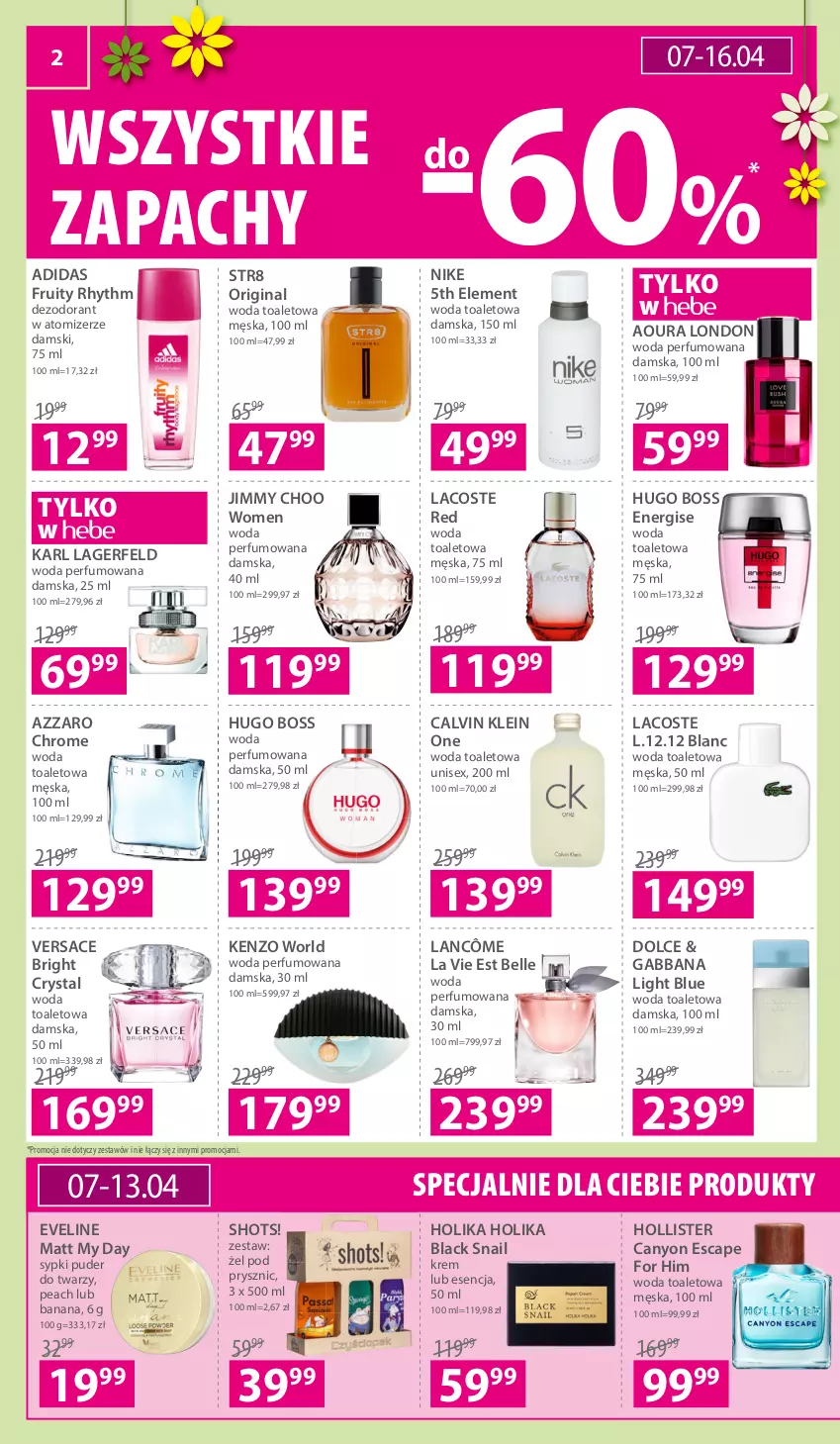 Gazetka promocyjna Hebe - Gazetka - ważna 07.04 do 20.04.2022 - strona 2 - produkty: Adidas, Azzaro, Bell, Calvin Klein, Dezodorant, Eveline, Gin, Holika Holika, Hugo Boss, Jimmy Choo, Karl Lagerfeld, Kenzo, Lack, Lacoste, Lancôme, Nike, Perfum, Puder, Puder do twarzy, Str8, Versace, Woda, Woda perfumowana, Woda toaletowa