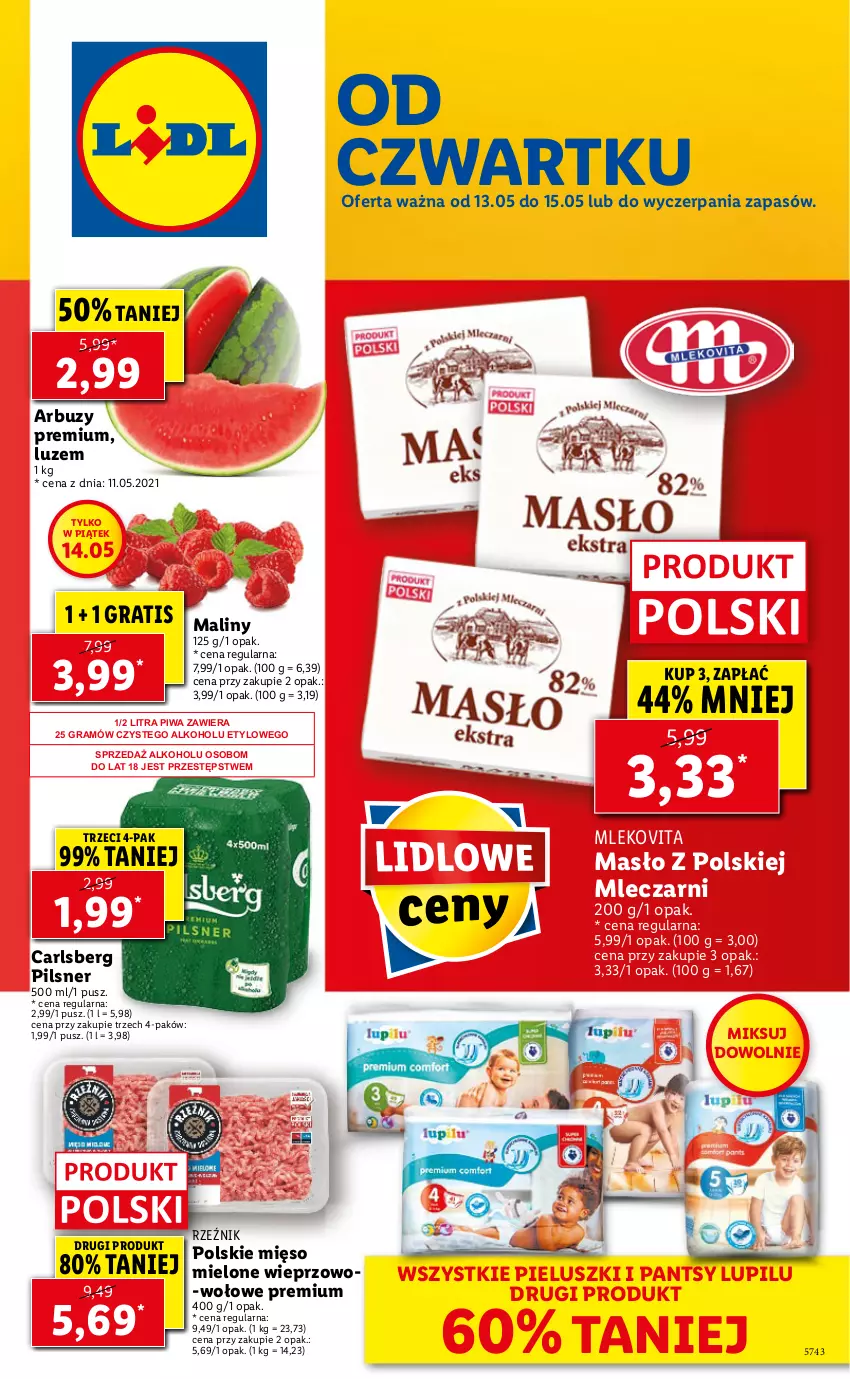 Gazetka promocyjna Lidl - GAZETKA - ważna 13.05 do 15.05.2021 - strona 1 - produkty: Arbuz, Carlsberg, Gra, Maliny, Masło, Mięso, Mięso mielone, Mleko, Mlekovita, Piwa