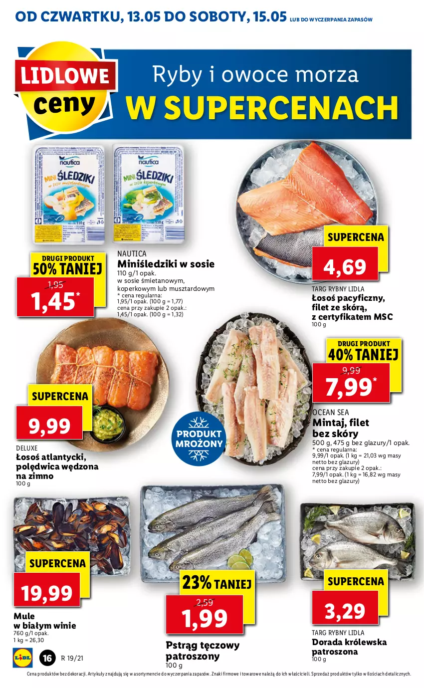 Gazetka promocyjna Lidl - GAZETKA - ważna 13.05 do 15.05.2021 - strona 16 - produkty: Lazur, Mintaj, Mule, Mus, Owoce, Owoce morza, Polędwica, Pstrąg, Pstrąg tęczowy, Ryby i owoce morza, Sos