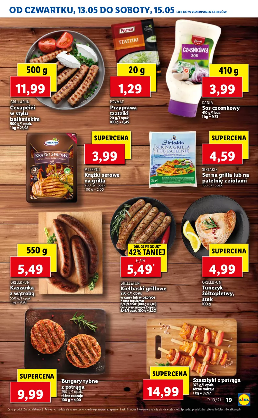 Gazetka promocyjna Lidl - GAZETKA - ważna 13.05 do 15.05.2021 - strona 19 - produkty: Burger, Grill, Kasza, Kaszanka, Prymat, Pstrąg, Ser, Sos, Sos czosnkowy, Stek, Top, Tuńczyk