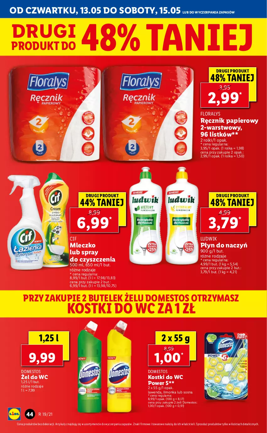 Gazetka promocyjna Lidl - GAZETKA - ważna 13.05 do 15.05.2021 - strona 44 - produkty: Cif, Domestos, Flora, Limonka, Ludwik, Mleczko, Papier, Ręcznik, Rolki, Sos, Spray do czyszczenia