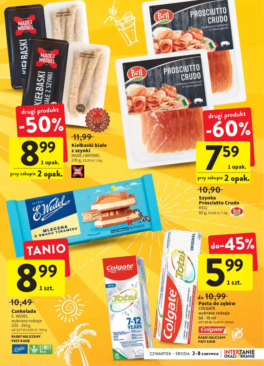 Gazetka promocyjna Intermarche - Dzień Dziecka - ważna 02.06 do 08.06.2022 - strona 3 - produkty: Bell, Colgate, Czekolada, E. Wedel, Kiełbaski białe, LG, Madej Wróbel, Pasta do zębów, Prosciutto, Szynka