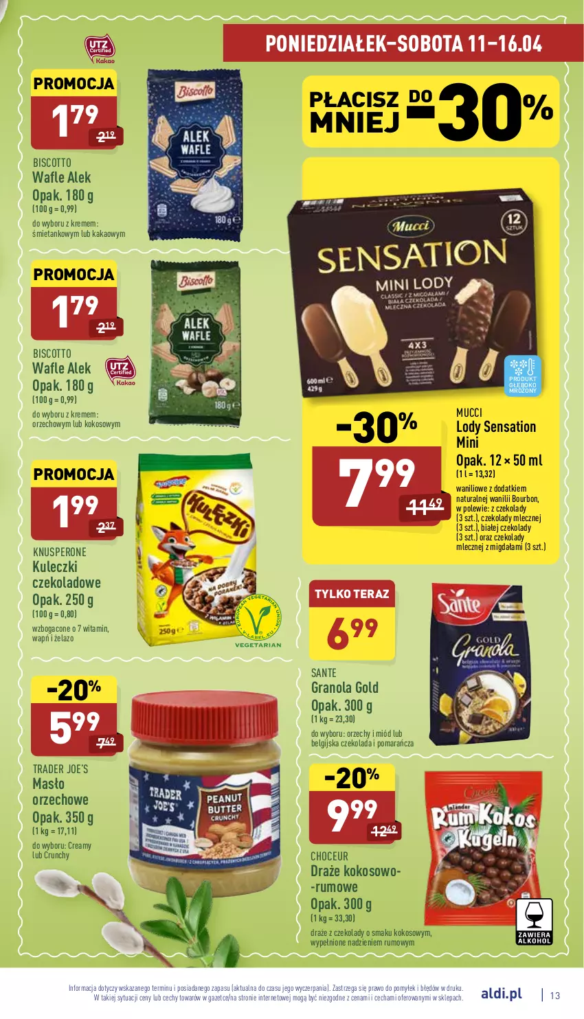 Gazetka promocyjna Aldi - Katalog spożywczy - ważna 11.04 do 16.04.2022 - strona 13 - produkty: Bourbon, Czekolada, Gra, Granola, Kakao, Kokos, LG, Lody, Masło, Masło orzechowe, Miód, Rum, Sante, Sati, Tera, Wafle