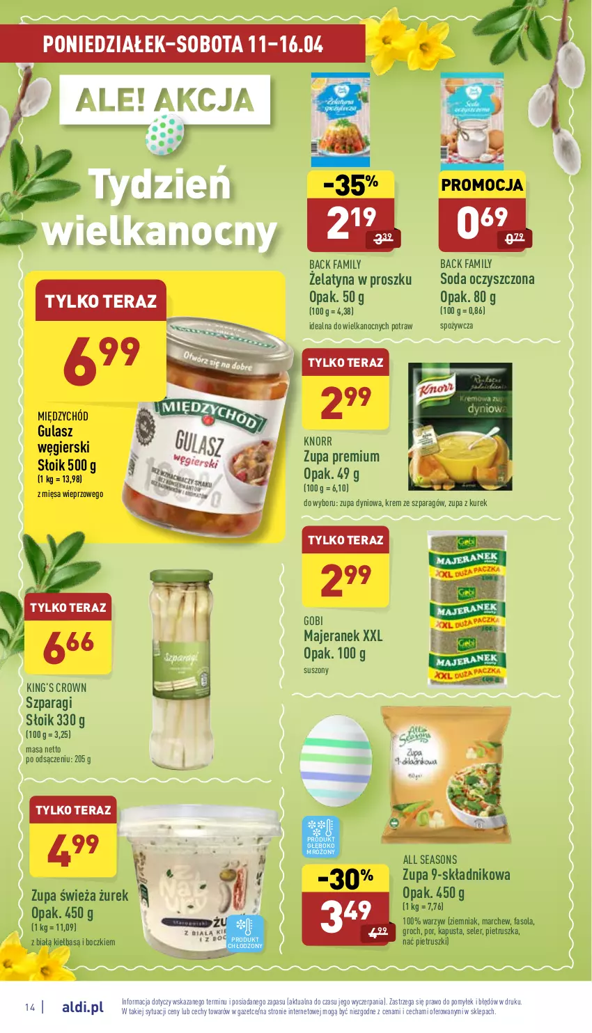 Gazetka promocyjna Aldi - Katalog spożywczy - ważna 11.04 do 16.04.2022 - strona 14 - produkty: All Seasons, Fa, Fasola, Groch, King’s Crown, Knorr, Pietruszka, Por, Soda oczyszczona, Tera, Zupa