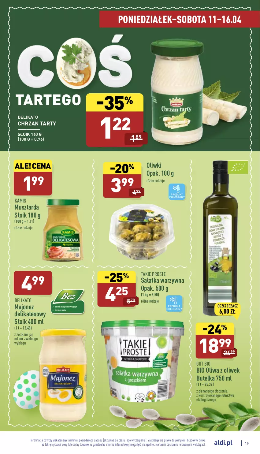 Gazetka promocyjna Aldi - Katalog spożywczy - ważna 11.04 do 16.04.2022 - strona 15 - produkty: Chrzan, Kamis, Majonez, Mus, Musztarda, Oliwa z oliwek, Oliwki, Sałat, Sałatka, Sałatka warzywna, Ser