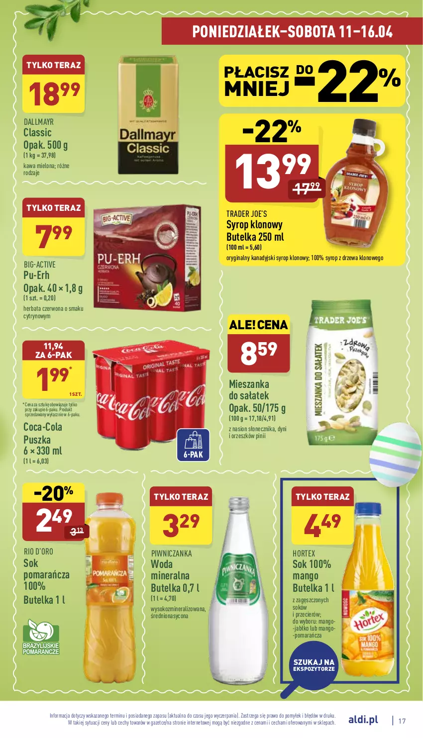 Gazetka promocyjna Aldi - Katalog spożywczy - ważna 11.04 do 16.04.2022 - strona 17 - produkty: Coca-Cola, Dallmayr, Gin, Herbata, Hortex, Kawa, Kawa mielona, Mango, Sałat, Sok, Syrop, Tera, Woda, Woda mineralna