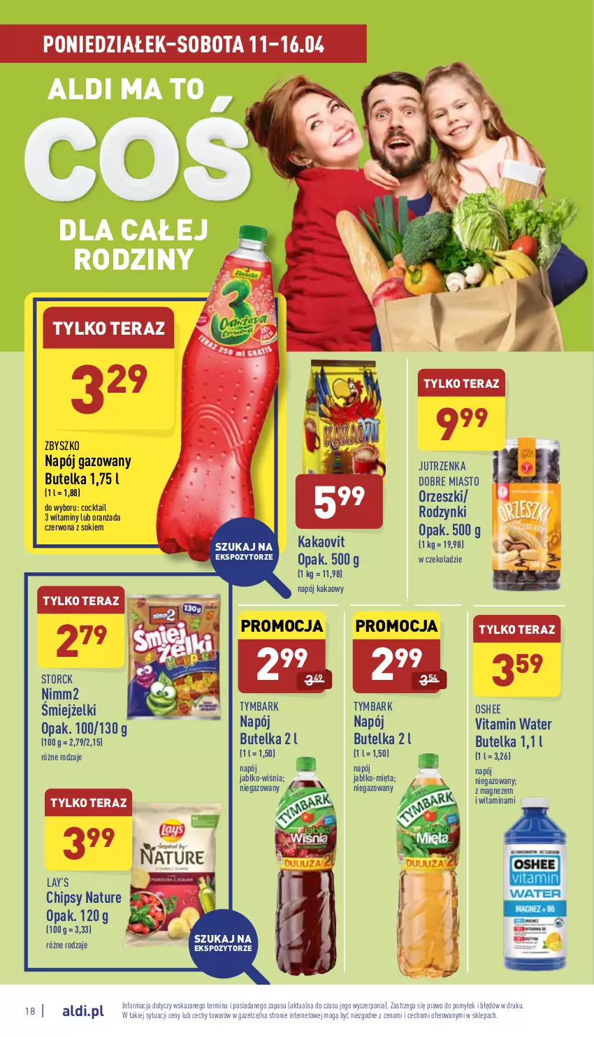 Gazetka promocyjna Aldi - Katalog spożywczy - ważna 11.04 do 16.04.2022 - strona 18 - produkty: Chipsy, Jutrzenka, Kakao, Lay’s, Magnez, Mięta, Napój, Napój gazowany, Napój niegazowany, Nimm2, Oranżada, Orzeszki, Oshee, Rodzynki, Sok, Tera, Tymbark