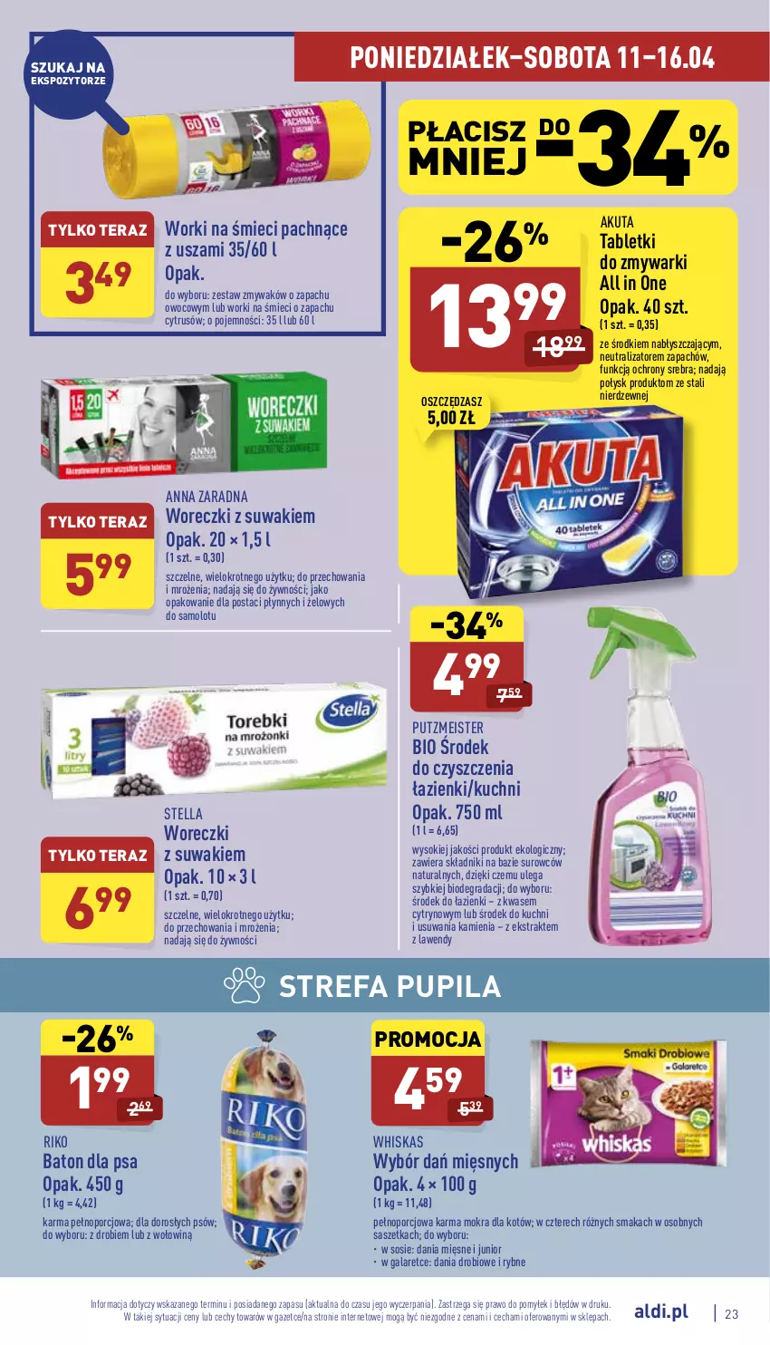 Gazetka promocyjna Aldi - Katalog spożywczy - ważna 11.04 do 16.04.2022 - strona 23 - produkty: Amol, Baton, Baton dla psa, Fa, Gala, Gra, Karma mokra dla kotów, Por, Putzmeister, Samolot, Sok, Sos, Tablet, Tabletki do zmywarki, Tera, Whiskas, Worki na śmiec, Worki na śmieci, Zmywarki