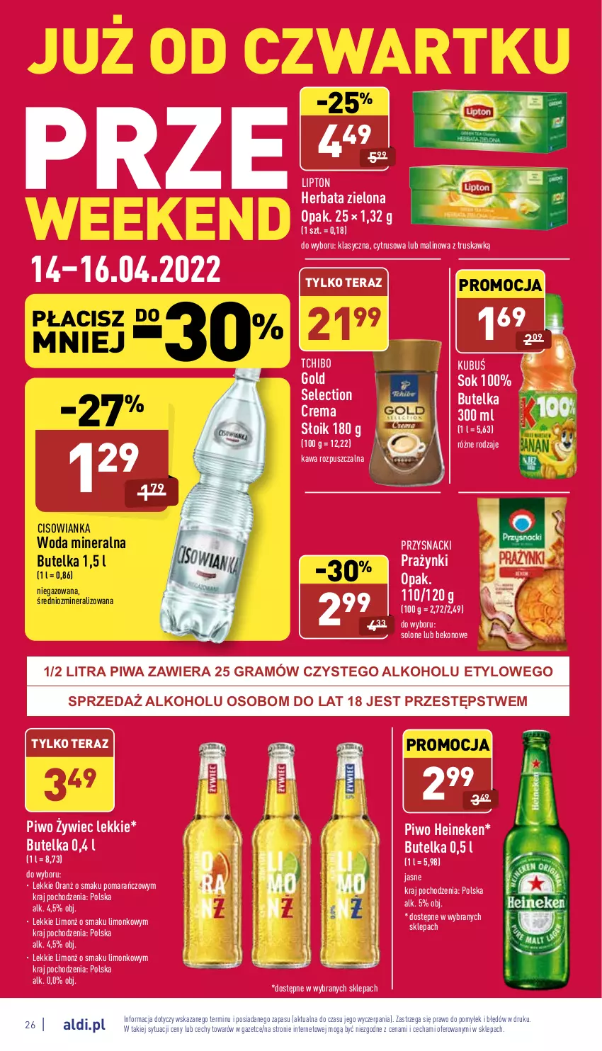 Gazetka promocyjna Aldi - Katalog spożywczy - ważna 11.04 do 16.04.2022 - strona 26 - produkty: Beko, Cisowianka, Gra, Heineken, Herbata, Kawa, Kawa rozpuszczalna, Kubuś, Lipton, Piwa, Piwo, Przysnacki, Sok, Tchibo, Tera, Woda, Woda mineralna