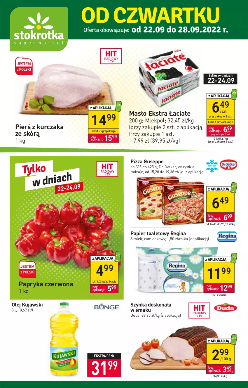 Gazetka promocyjna Stokrotka - Supermarket - ważna 22.09 do 28.09.2022 - strona 1 - produkty: Dr. Oetker, Duda, Gin, Kujawski, Kurczak, Masło, Olej, Papier, Papier toaletowy, Papryka, Papryka czerwona, Pizza, Rum, Szynka