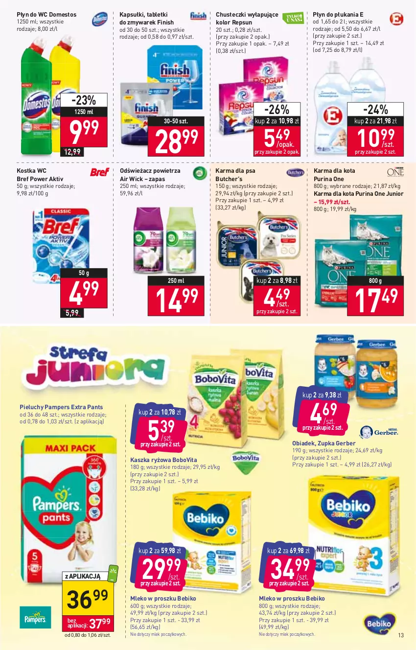 Gazetka promocyjna Stokrotka - Supermarket - ważna 22.09 do 28.09.2022 - strona 13 - produkty: Air Wick, Bebiko, BoboVita, Bref, Chusteczki, Domestos, Finish, Gerber, Mleko, Mleko w proszku, Odświeżacz powietrza, Pampers, Pieluchy, Płyn do płukania, Płyn do wc, Pur, Purina, Ryż, Tablet