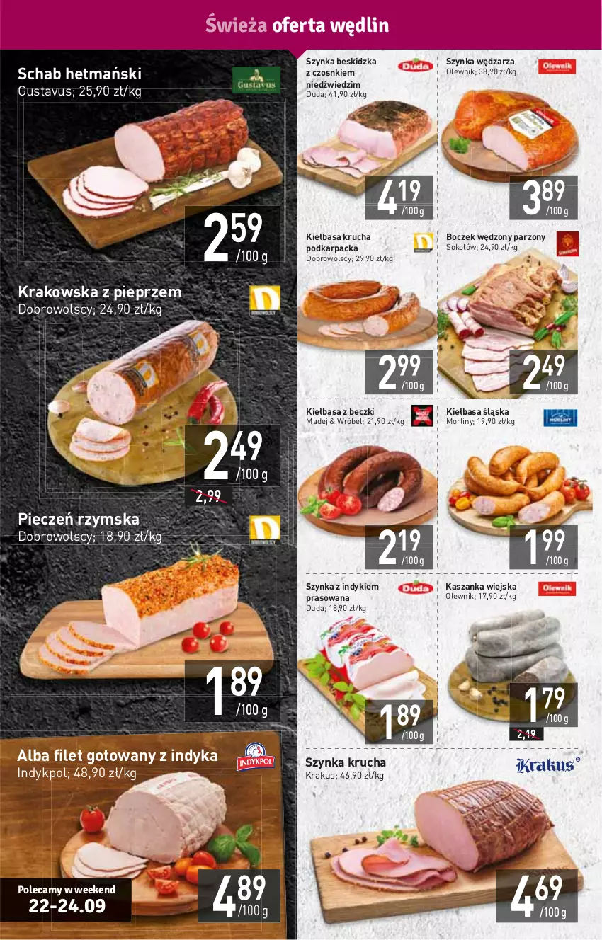 Gazetka promocyjna Stokrotka - Supermarket - ważna 22.09 do 28.09.2022 - strona 4 - produkty: Boczek, Duda, HP, Karp, Kasza, Kaszanka, Kiełbasa, Kiełbasa krucha, Kiełbasa śląska, Krakus, Morliny, Olewnik, Piec, Pieczeń rzymska, Pieprz, Sok, Sokołów, Szynka