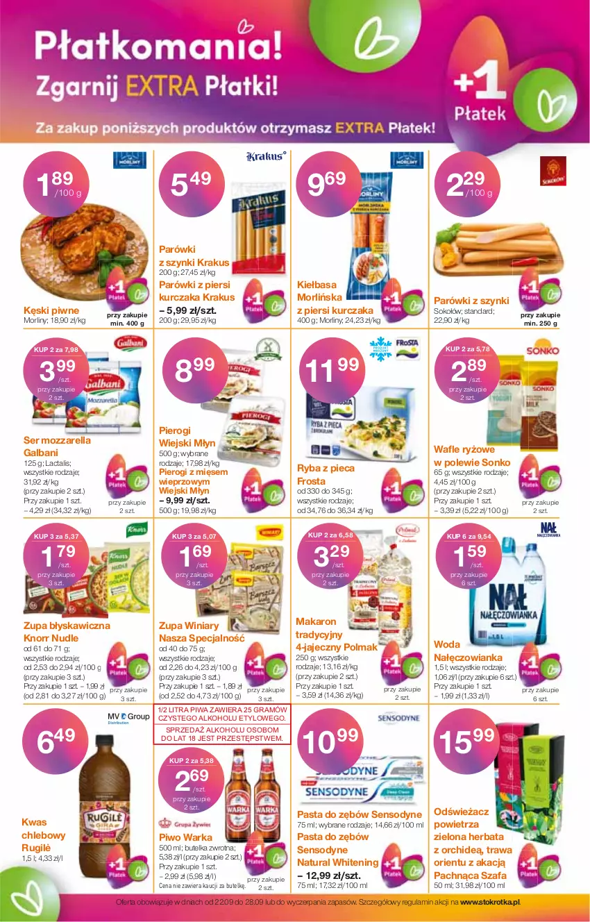 Gazetka promocyjna Stokrotka - Supermarket - ważna 22.09 do 28.09.2022 - strona 6 - produkty: Chleb, Fa, Frosta, Galbani, Gra, Herbata, Kęski piwne, Kiełbasa, Knorr, Krakus, Kurczak, Makaron, Morliny, Mozzarella, Nałęczowianka, Odświeżacz powietrza, Olma, Parówki, Parówki z piersi kurczaka, Parówki z szynki, Pasta do zębów, Piec, Pierogi, Piwa, Piwo, Ryba, Ryż, Sensodyne, Ser, Sok, Sokołów, Sonko, Szafa, Warka, Winiary, Woda, Zupa