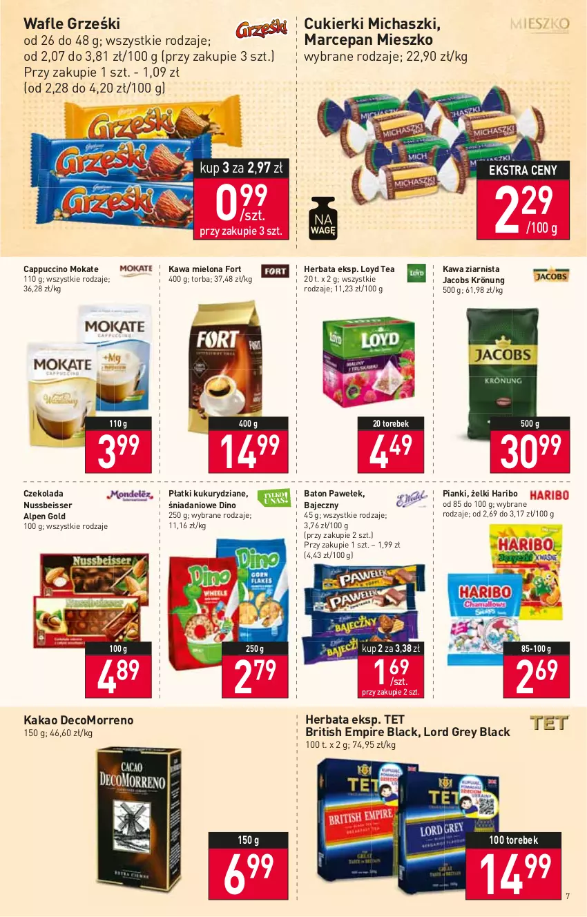 Gazetka promocyjna Stokrotka - Supermarket - ważna 22.09 do 28.09.2022 - strona 7 - produkty: Baton, Brit, Cappuccino, Cukier, Cukierki, Czekolada, Danio, Grześki, Haribo, Herbata, Jacobs, Jacobs Krönung, Kakao, Kawa, Kawa mielona, Kawa ziarnista, Lack, Loyd, Ser, Torba, Wafle