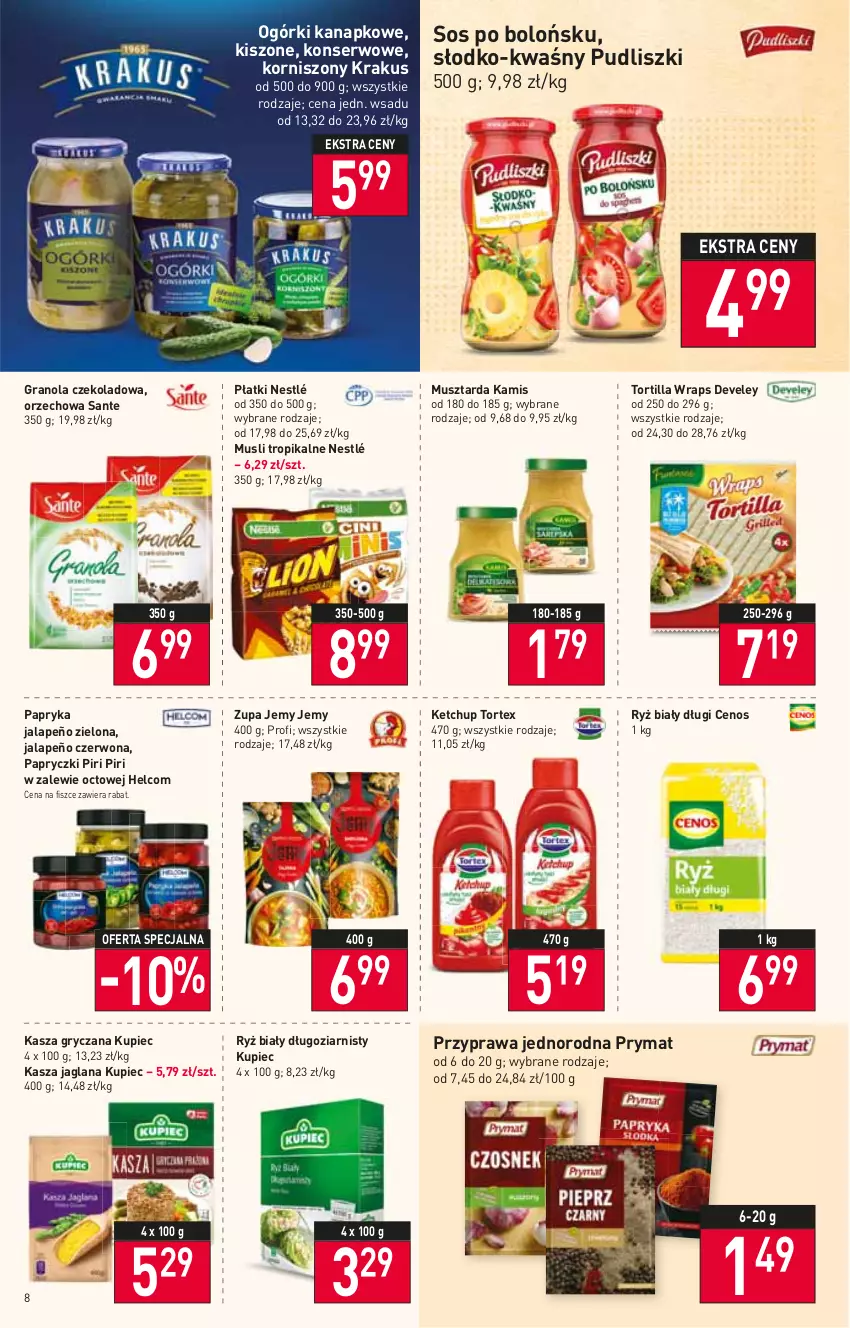 Gazetka promocyjna Stokrotka - Supermarket - ważna 22.09 do 28.09.2022 - strona 8 - produkty: Cenos, Gra, Granola, Gry, HELCOM, Kamis, Kasza, Kasza gryczana, Kasza jaglana, Ketchup, Korniszony, Krakus, Kupiec, LANA, Mus, Musztarda, Nestlé, Papryka, Papryka jalapeño, Piec, Prymat, Pudliszki, Ryż, Ryż biały, Sante, Ser, Sos, Tortilla, Zupa