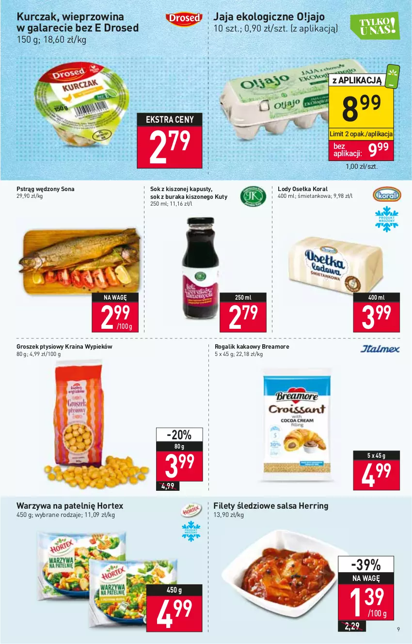 Gazetka promocyjna Stokrotka - Supermarket - ważna 22.09 do 28.09.2022 - strona 9 - produkty: Gala, Groszek, Groszek ptysiowy, Hortex, Jaja, Kakao, Kurczak, Lody, Pstrąg, Pstrąg wędzony, Rogal, Salsa, Sok, Warzywa, Wieprzowina