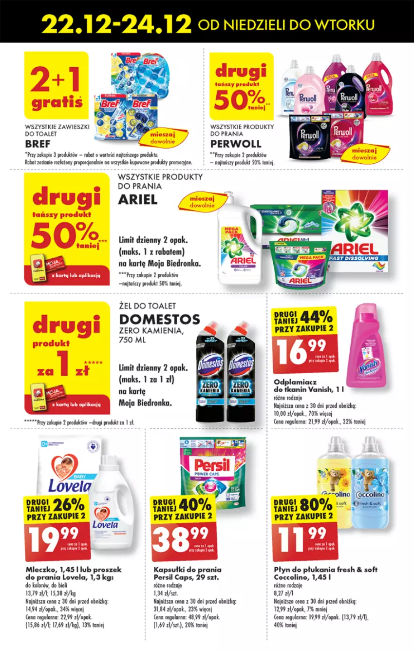 Gazetka promocyjna Biedronka - Od poniedzialku - ważna 23.12 do 28.12.2024 - strona 65 - produkty: Ariel, Bref, Coccolino, Domestos, Dron, Fa, Kapsułki do prania, Lovela, Mleczko, Odplamiacz, Persil, Perwoll, Płyn do płukania, Por, Vanish, Zawieszki