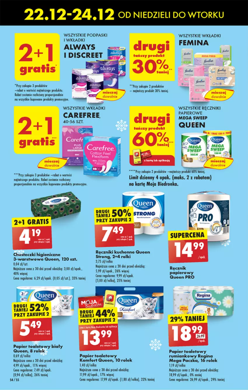 Gazetka promocyjna Biedronka - Od poniedzialku - ważna 23.12 do 28.12.2024 - strona 70 - produkty: Always, Ba!, Carefree, Chusteczki, Discreet, Dron, Gin, Gra, Papier, Papier toaletowy, Podpaski, Por, Ręcznik, Ręczniki papierowe, Rolki, Rum, Tera, Wkładki