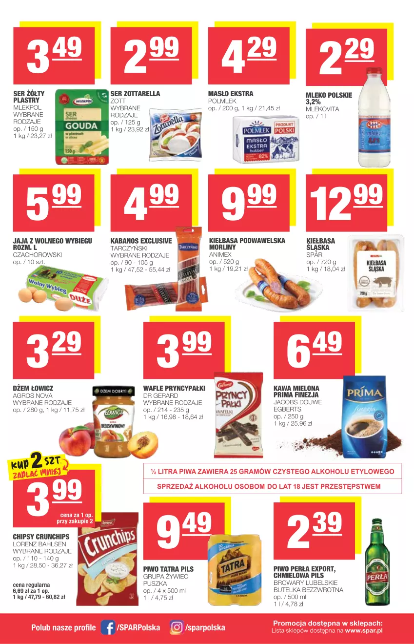 Gazetka promocyjna Spar - Express - ważna 16.06 do 22.06.2021 - strona 2 - produkty: Chipsy, Dr Gerard, Jacobs, Jaja, Jaja z wolnego wybiegu, Kabanos, Kawa, Kawa mielona, Kiełbasa, Kiełbasa podwawelska, Lorenz, Masło, Mleko, Mlekovita, Morliny, Perła, Piwo, POLMLEK, Por, Prima, Ser, Ser zołty, Tarczyński, Tatra, Wafle, Wawel, Zott, Zottarella