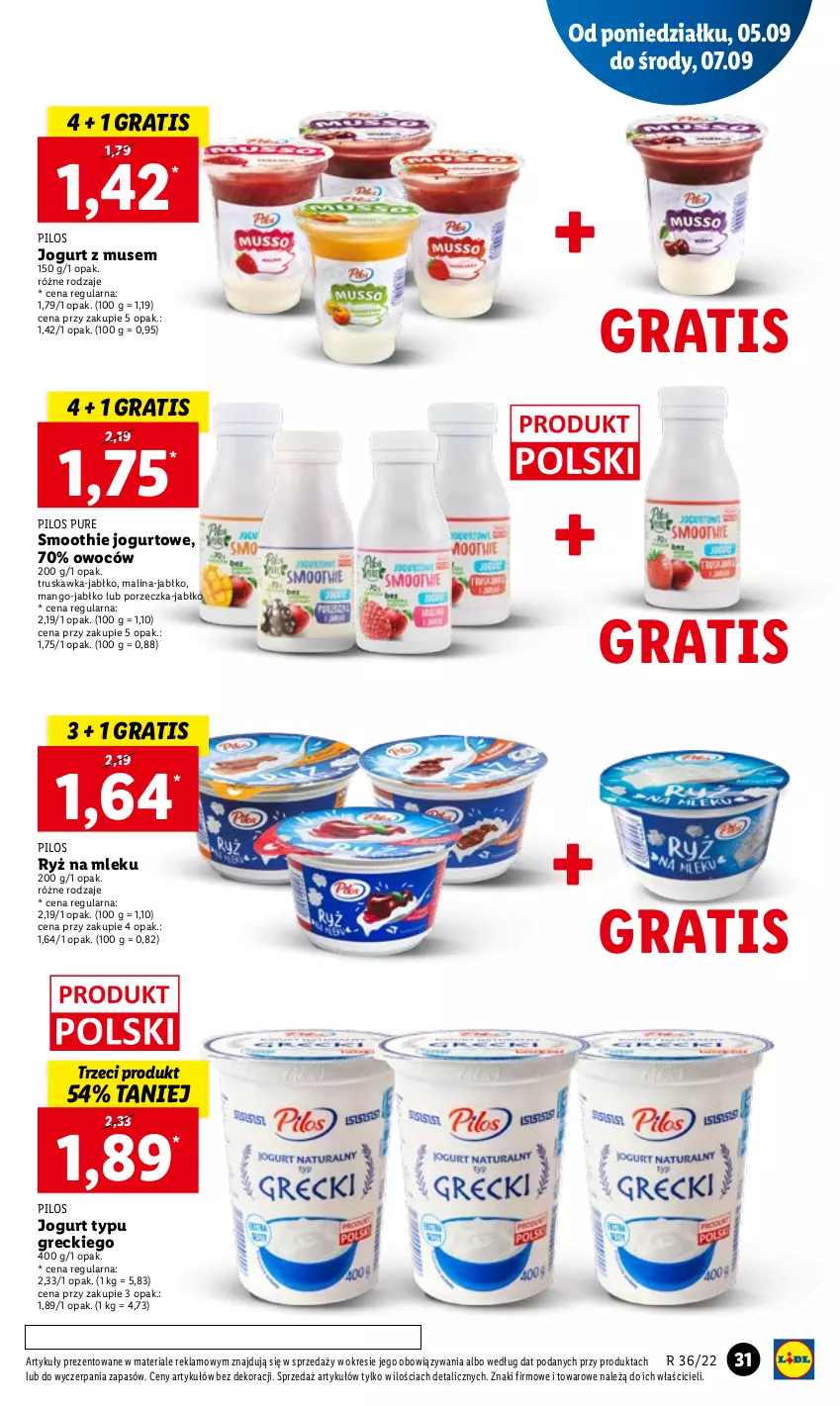 Gazetka promocyjna Lidl - GAZETKA - ważna 05.09 do 07.09.2022 - strona 35 - produkty: Gra, Jogurt, Mango, Mus, Pilos, Por, Pur, Ryż, Ryż na mleku, Smoothie