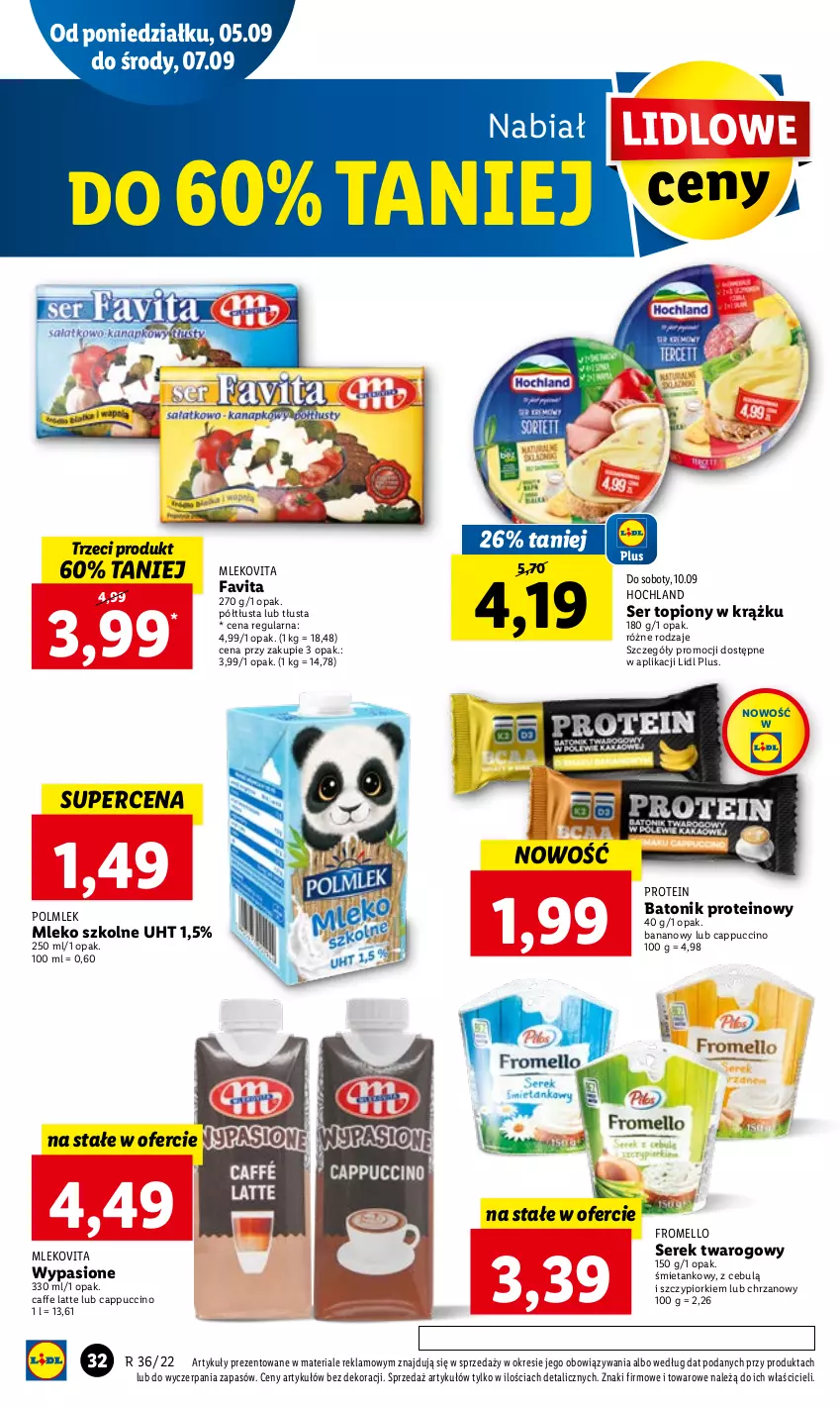 Gazetka promocyjna Lidl - GAZETKA - ważna 05.09 do 07.09.2022 - strona 36 - produkty: Baton, Cappuccino, Chrzan, Fa, Favita, Hochland, Mleko, Mlekovita, POLMLEK, Ser, Ser topiony, Serek, Serek twarogowy, Tonik, Top